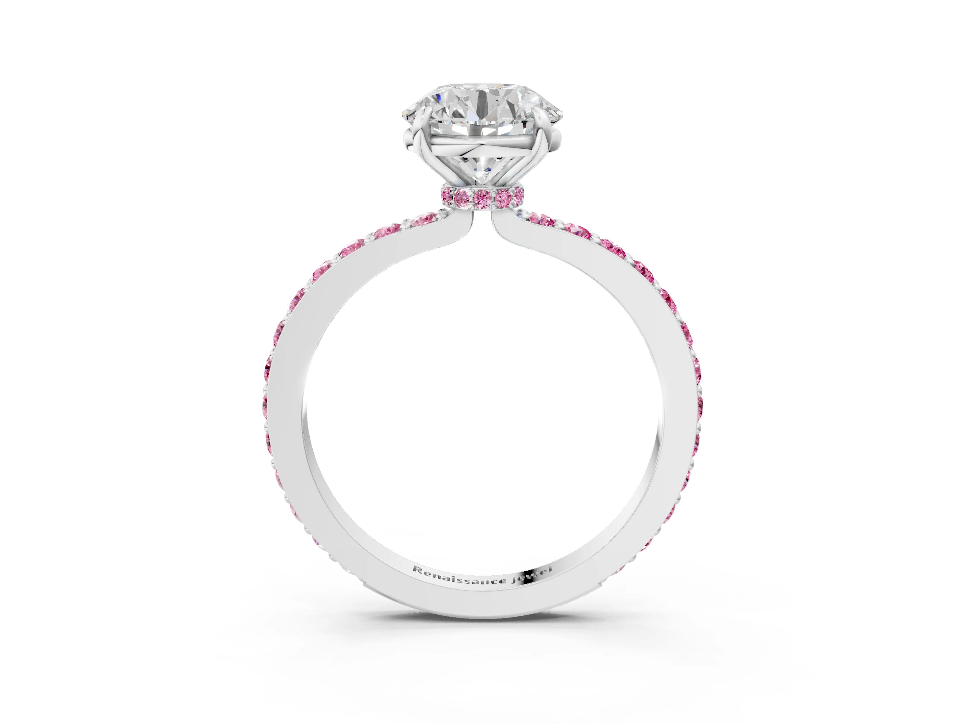 White gold Round Cut Diamond Pavé Engagement Ring with Round with Pink Sapphire side stone Accents and Prong Setting_3