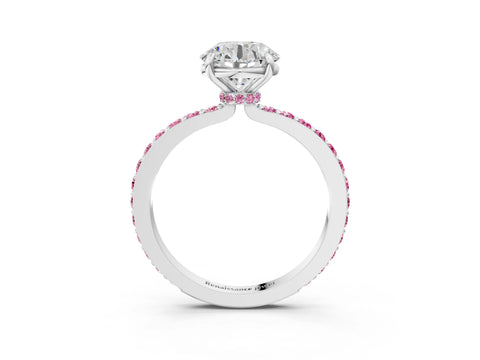 White gold Round Cut Diamond Pavé Engagement Ring with Round with Pink Sapphire side stone Accents and Prong Setting_3