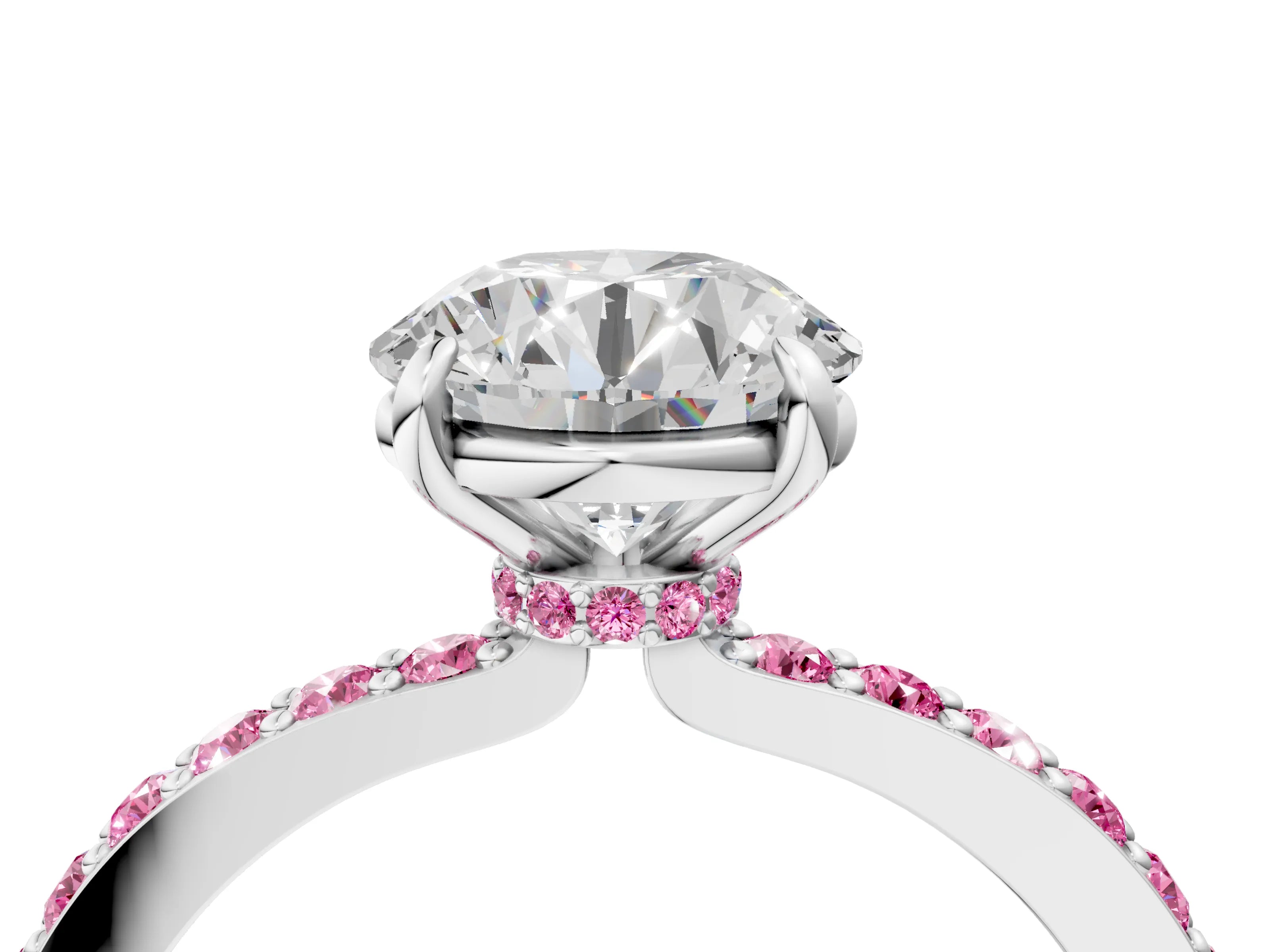 White gold Round Cut Diamond Pavé Engagement Ring with Round with Pink Sapphire side stone Accents and Prong Setting_4