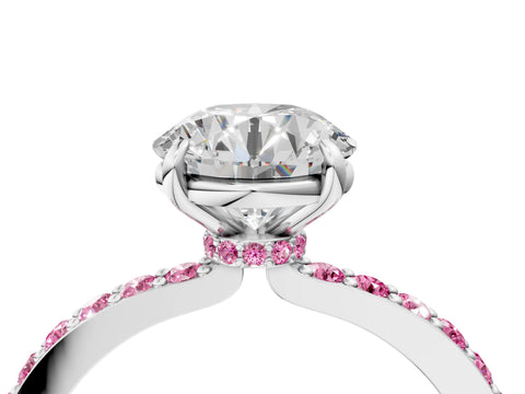 White gold Round Cut Diamond Pavé Engagement Ring with Round with Pink Sapphire side stone Accents and Prong Setting_4