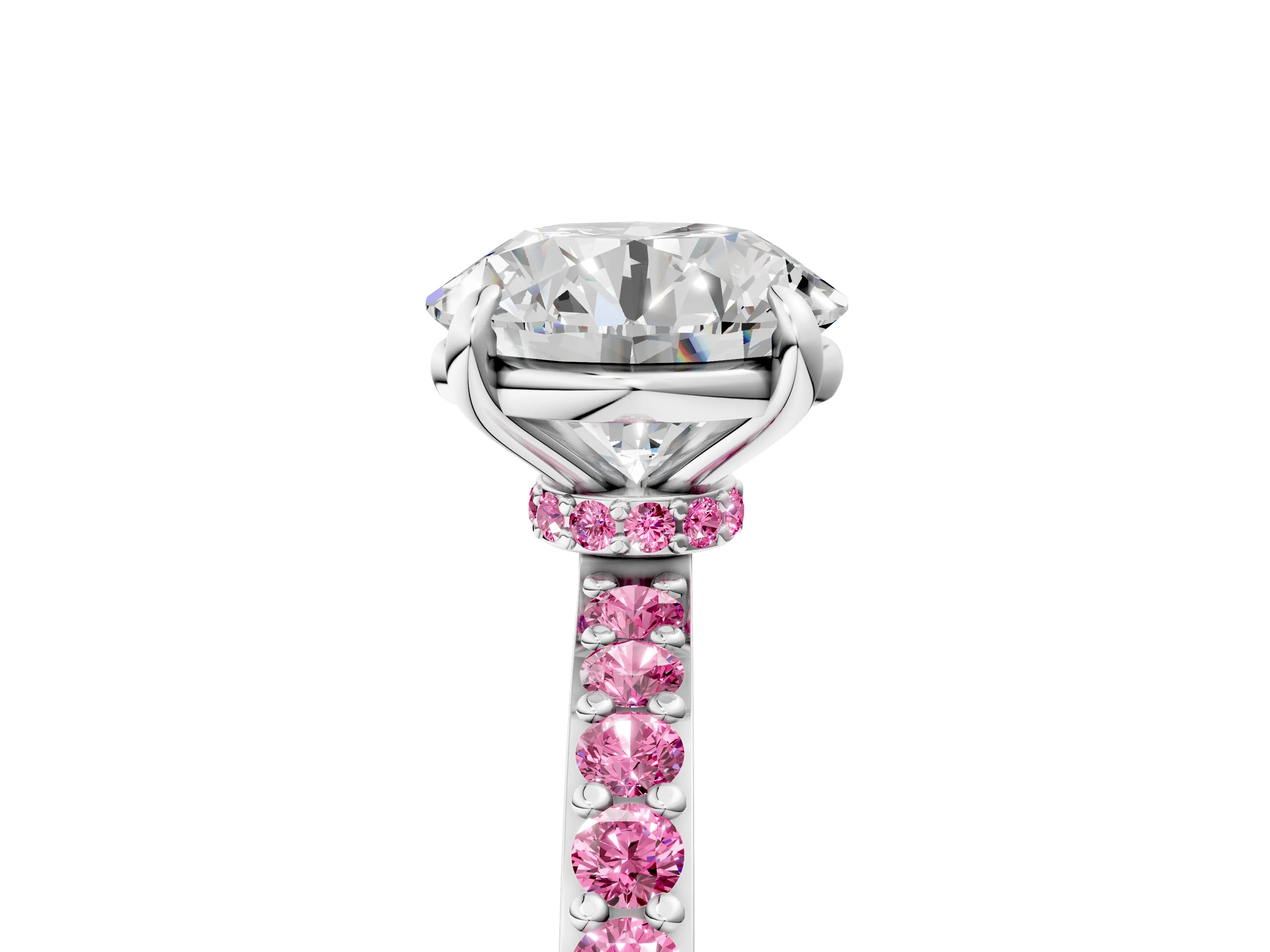 White gold Round Cut Diamond Pavé Engagement Ring with Round with Pink Sapphire side stone Accents and Prong Setting_5