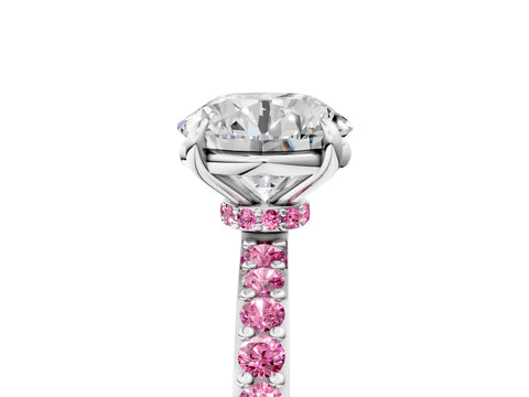 White gold Round Cut Diamond Pavé Engagement Ring with Round with Pink Sapphire side stone Accents and Prong Setting_5