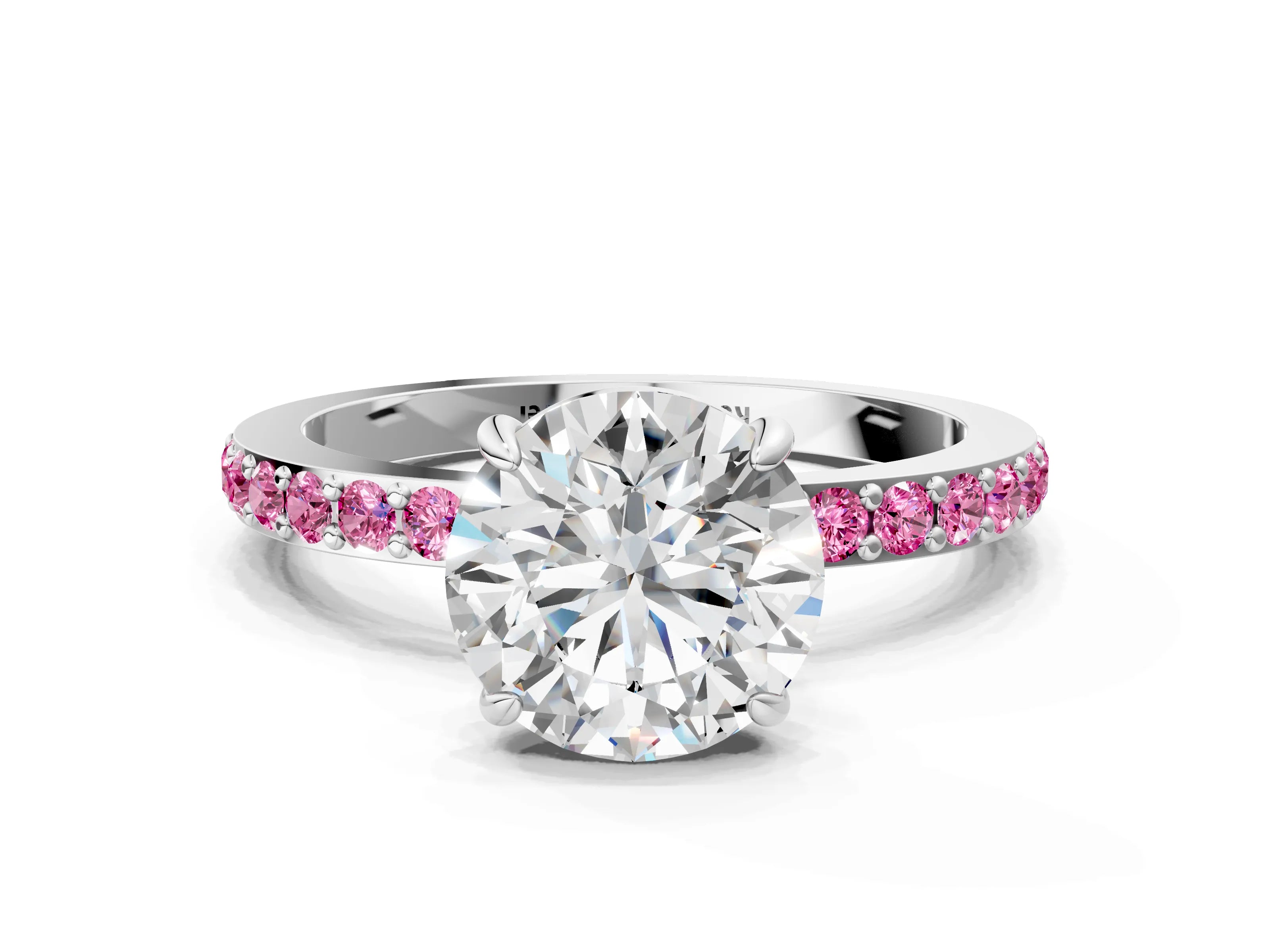 White gold Round Cut Diamond Pavé Engagement Ring with Round with Pink Sapphire side stone Accents and Prong Setting_84