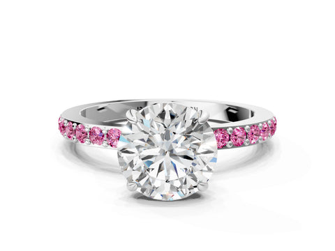 White gold Round Cut Diamond Pavé Engagement Ring with Round with Pink Sapphire side stone Accents and Prong Setting_84