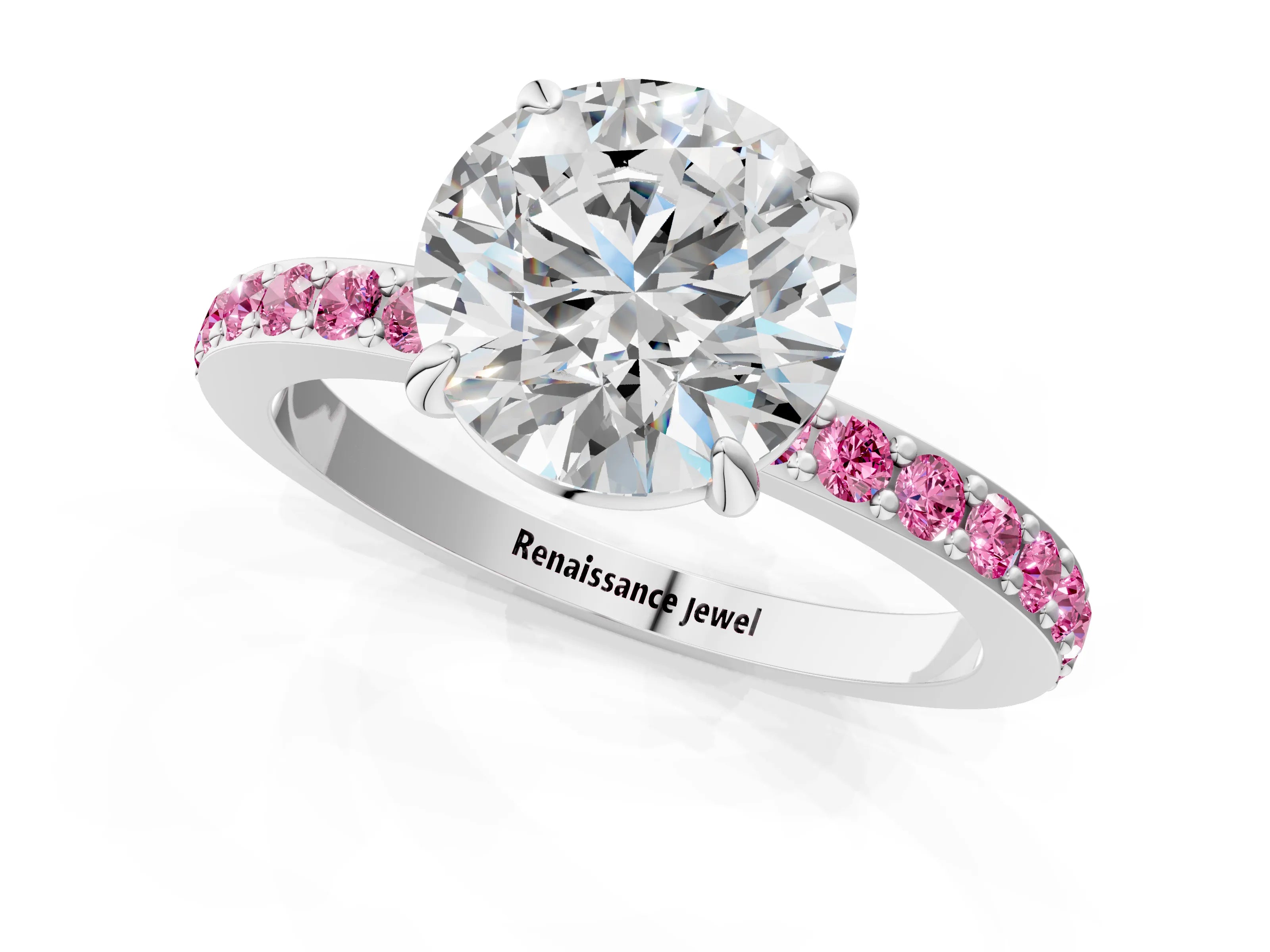 White gold Round Cut Diamond Pavé Engagement Ring with Round with Pink Sapphire side stone Accents and Prong Setting_85
