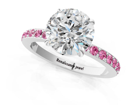 White gold Round Cut Diamond Pavé Engagement Ring with Round with Pink Sapphire side stone Accents and Prong Setting_85
