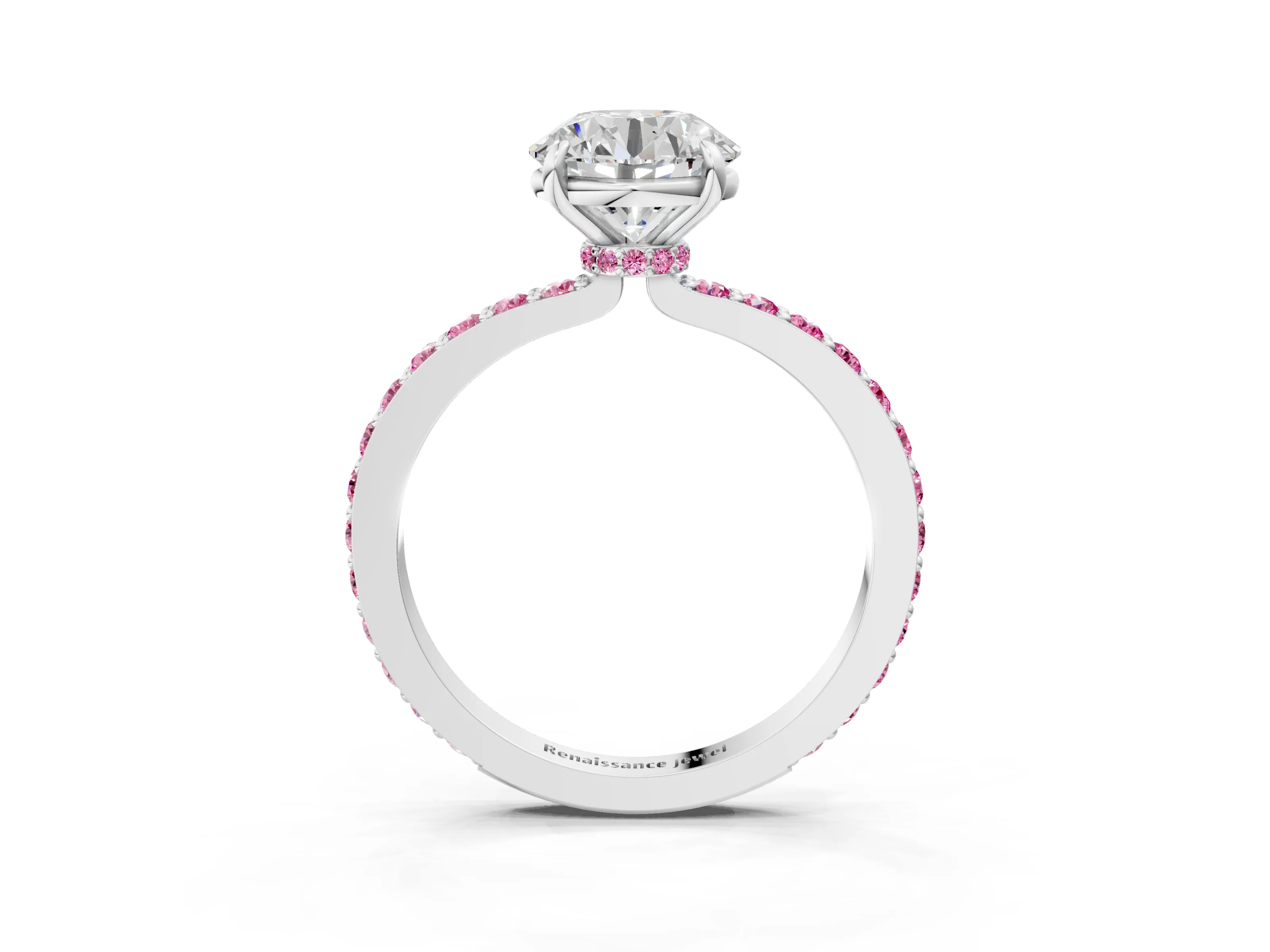 White gold Round Cut Diamond Pavé Engagement Ring with Round with Pink Sapphire side stone Accents and Prong Setting_87