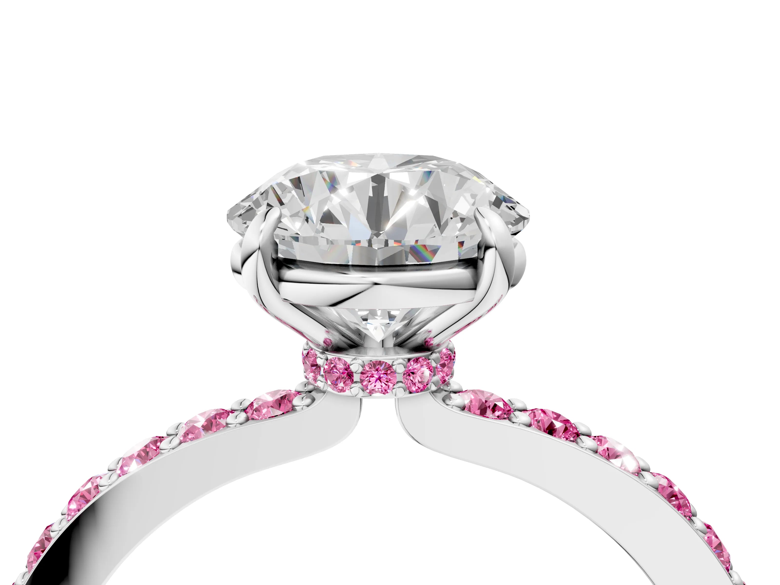 White gold Round Cut Diamond Pavé Engagement Ring with Round with Pink Sapphire side stone Accents and Prong Setting_88
