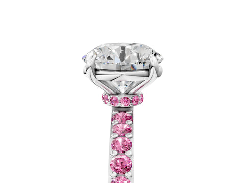 White gold Round Cut Diamond Pavé Engagement Ring with Round with Pink Sapphire side stone Accents and Prong Setting_89