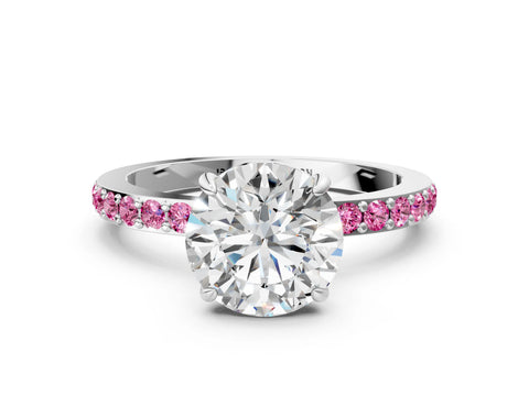 White gold Round Cut Diamond Pavé Engagement Ring with Round with Pink Sapphire side stone Accents and Prong Setting