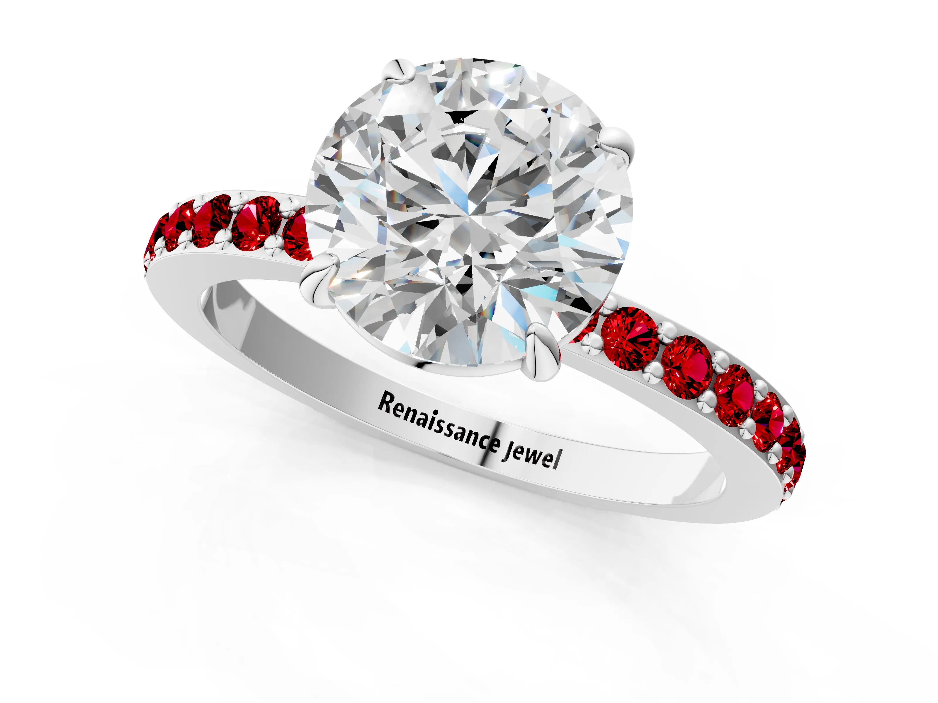 White gold Round Cut Diamond Pavé Engagement Ring with Round with Ruby side stone Accents and Prong Setting_13