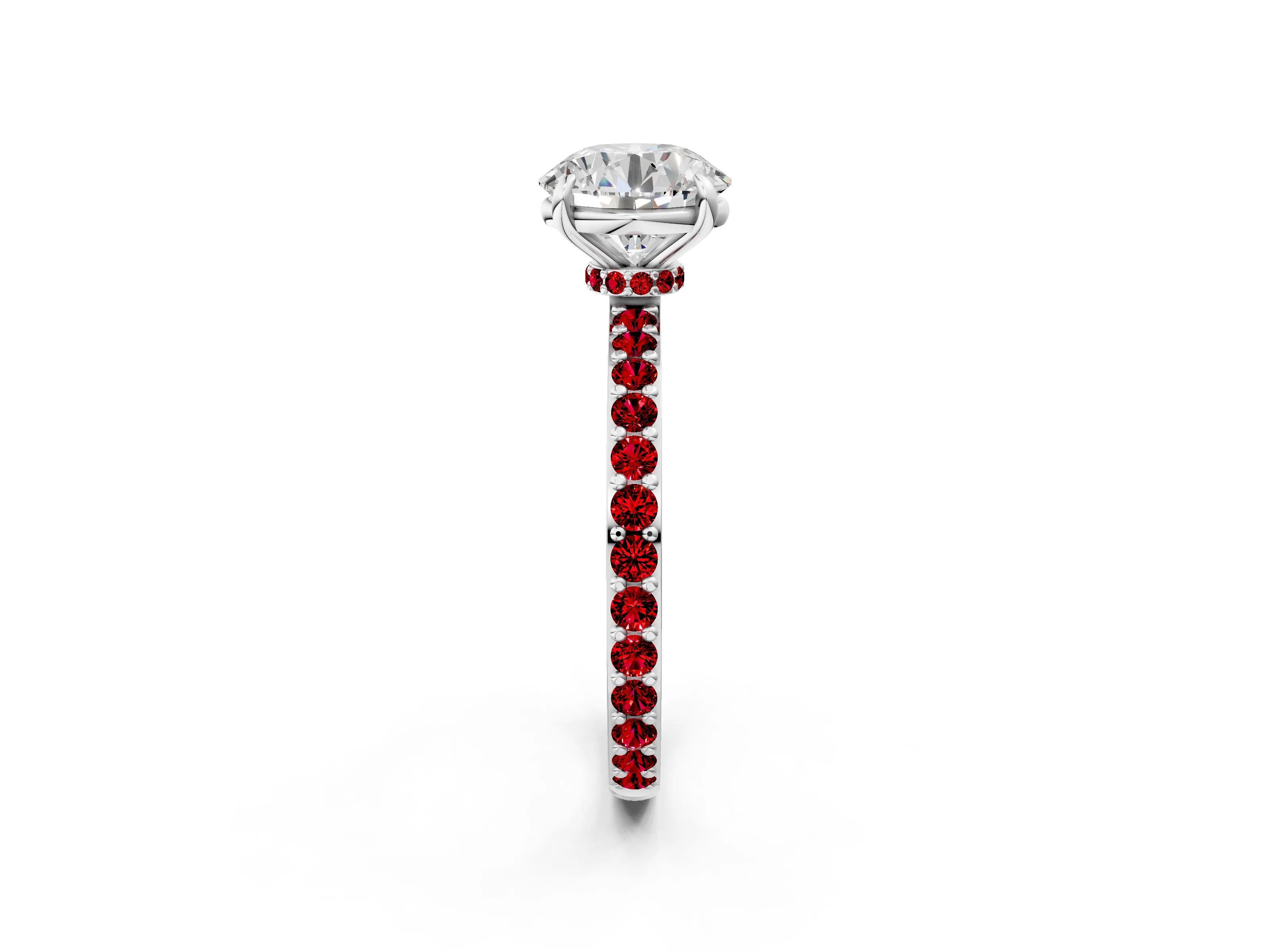 White gold Round Cut Diamond Pavé Engagement Ring with Round with Ruby side stone Accents and Prong Setting_14