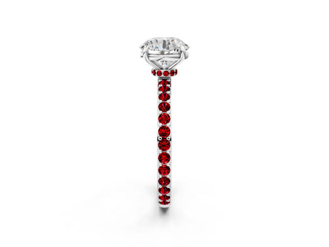 White gold Round Cut Diamond Pavé Engagement Ring with Round with Ruby side stone Accents and Prong Setting_14