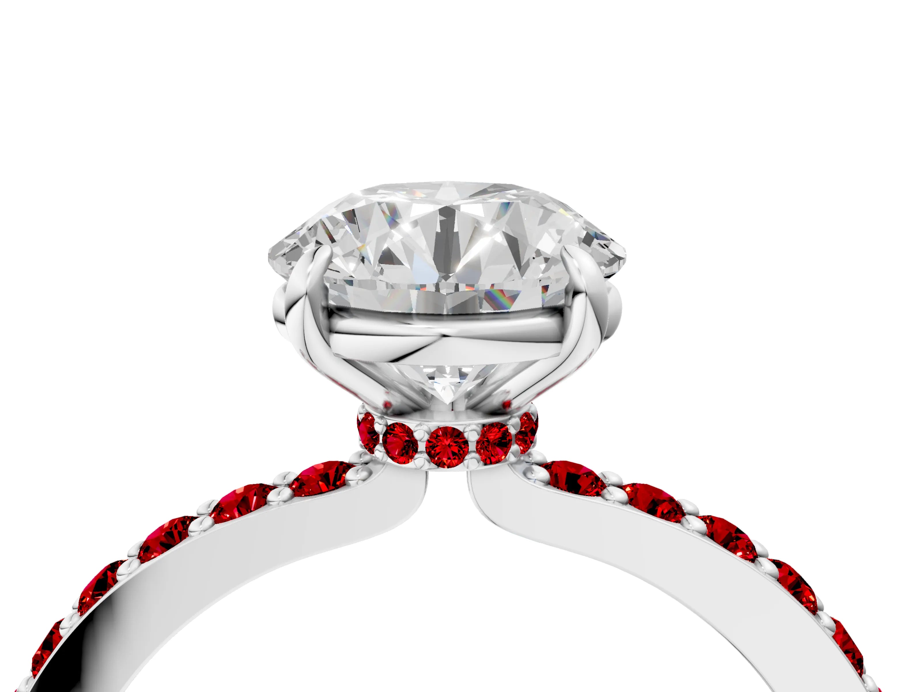 White gold Round Cut Diamond Pavé Engagement Ring with Round with Ruby side stone Accents and Prong Setting_16