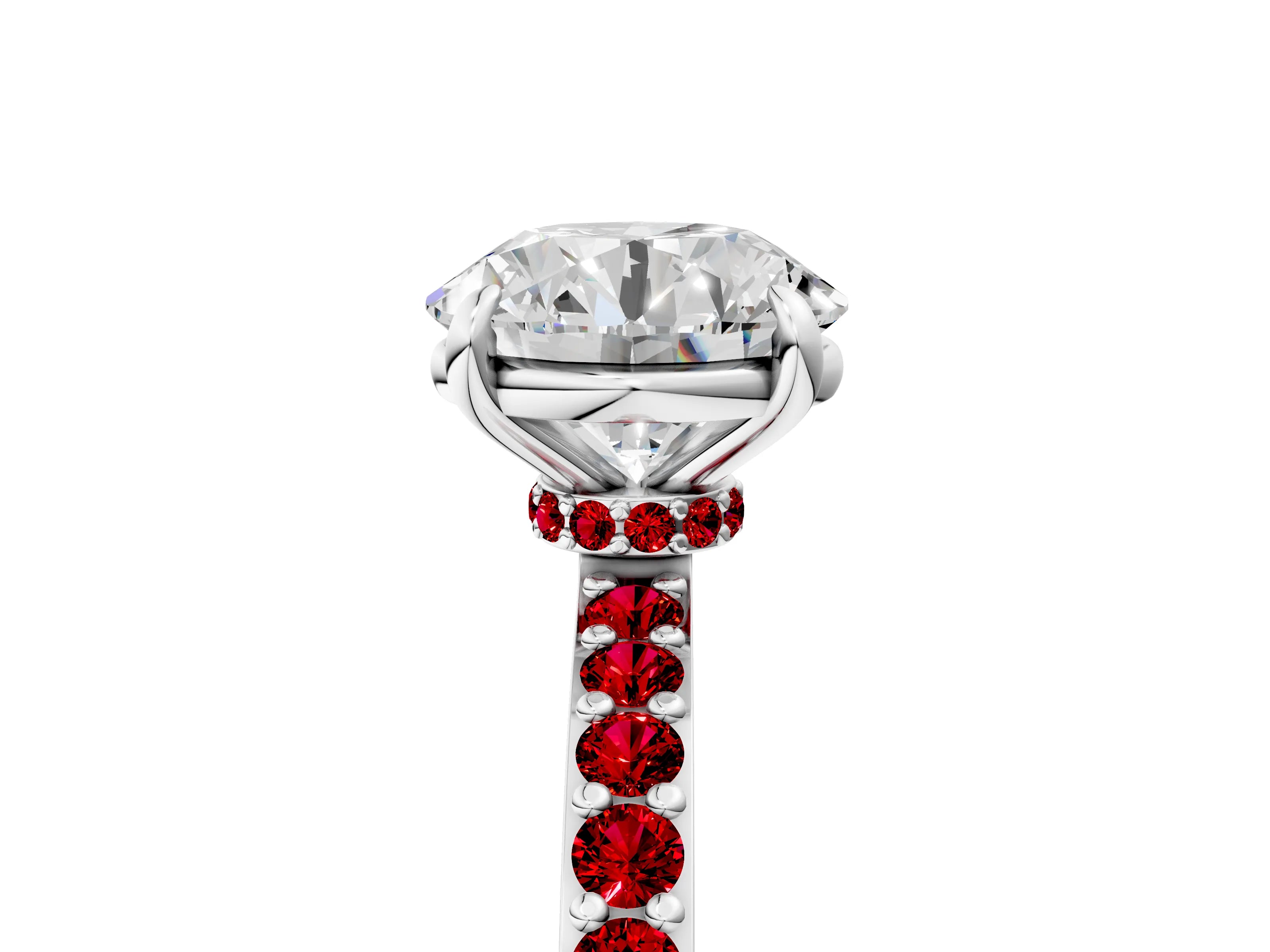 White gold Round Cut Diamond Pavé Engagement Ring with Round with Ruby side stone Accents and Prong Setting_17