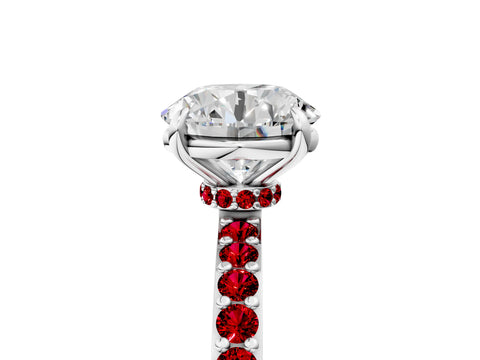 White gold Round Cut Diamond Pavé Engagement Ring with Round with Ruby side stone Accents and Prong Setting_17