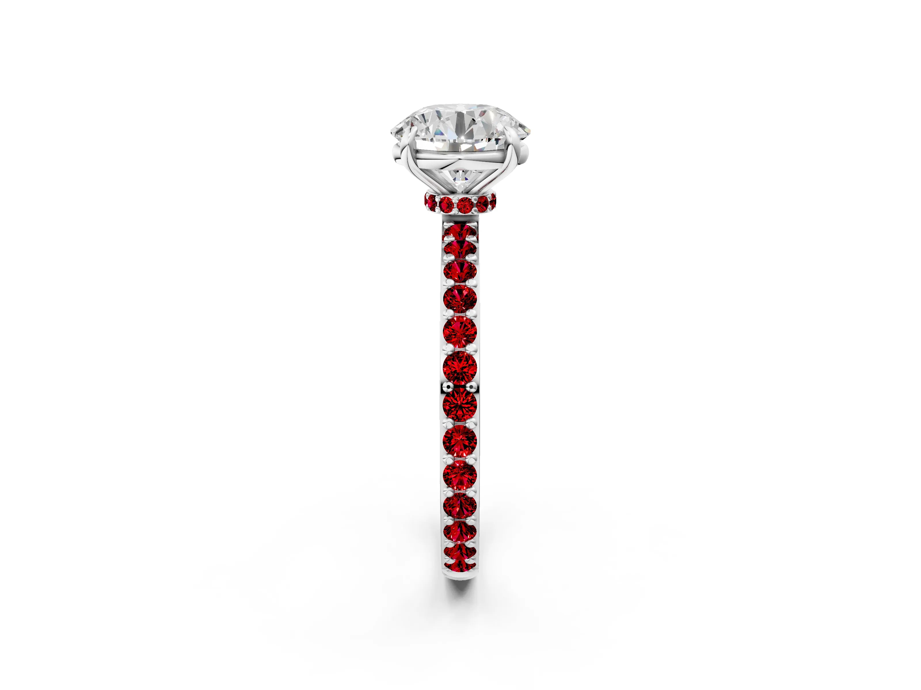 White gold Round Cut Diamond Pavé Engagement Ring with Round with Ruby side stone Accents and Prong Setting_2