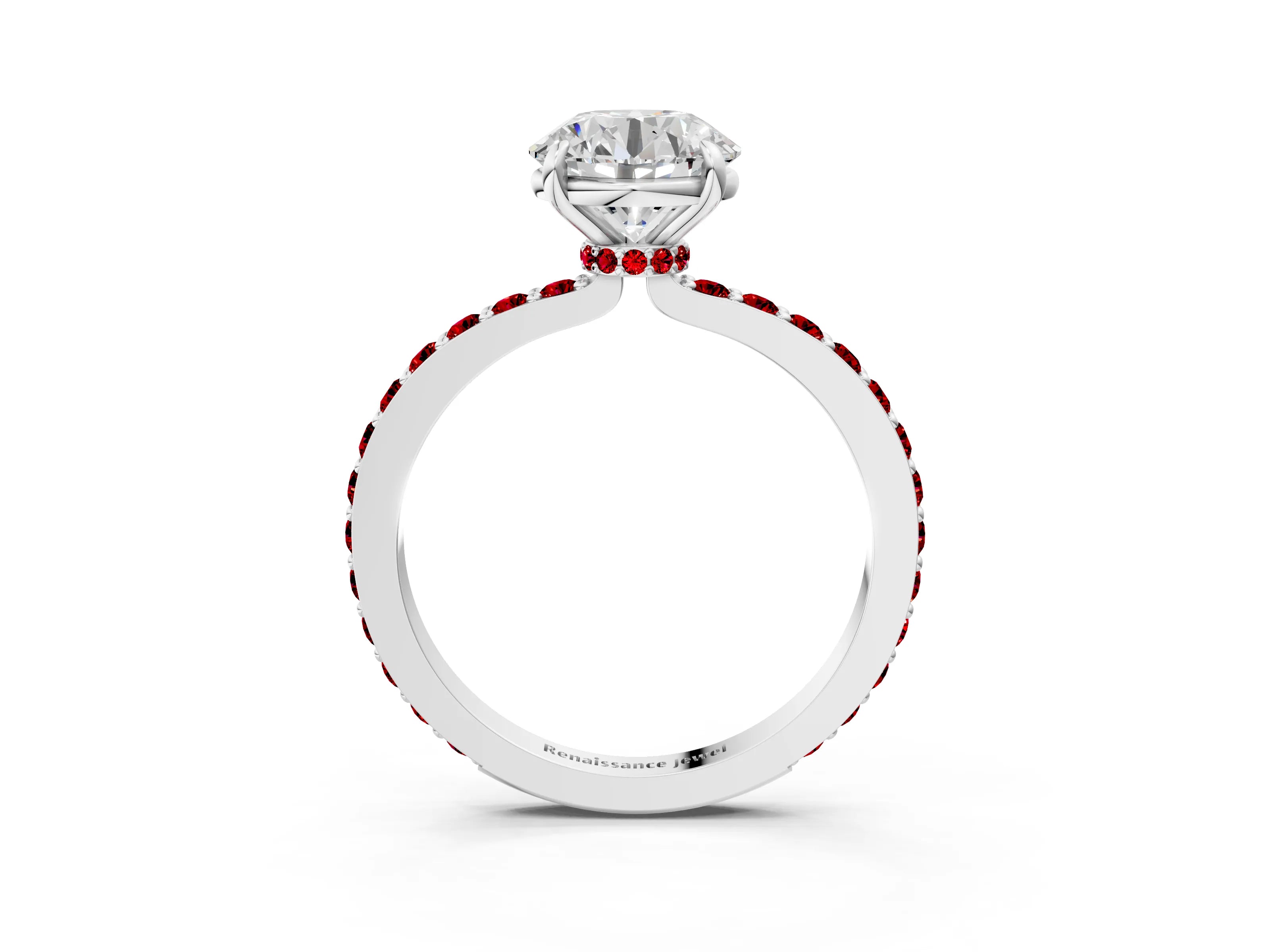 White gold Round Cut Diamond Pavé Engagement Ring with Round with Ruby side stone Accents and Prong Setting_3