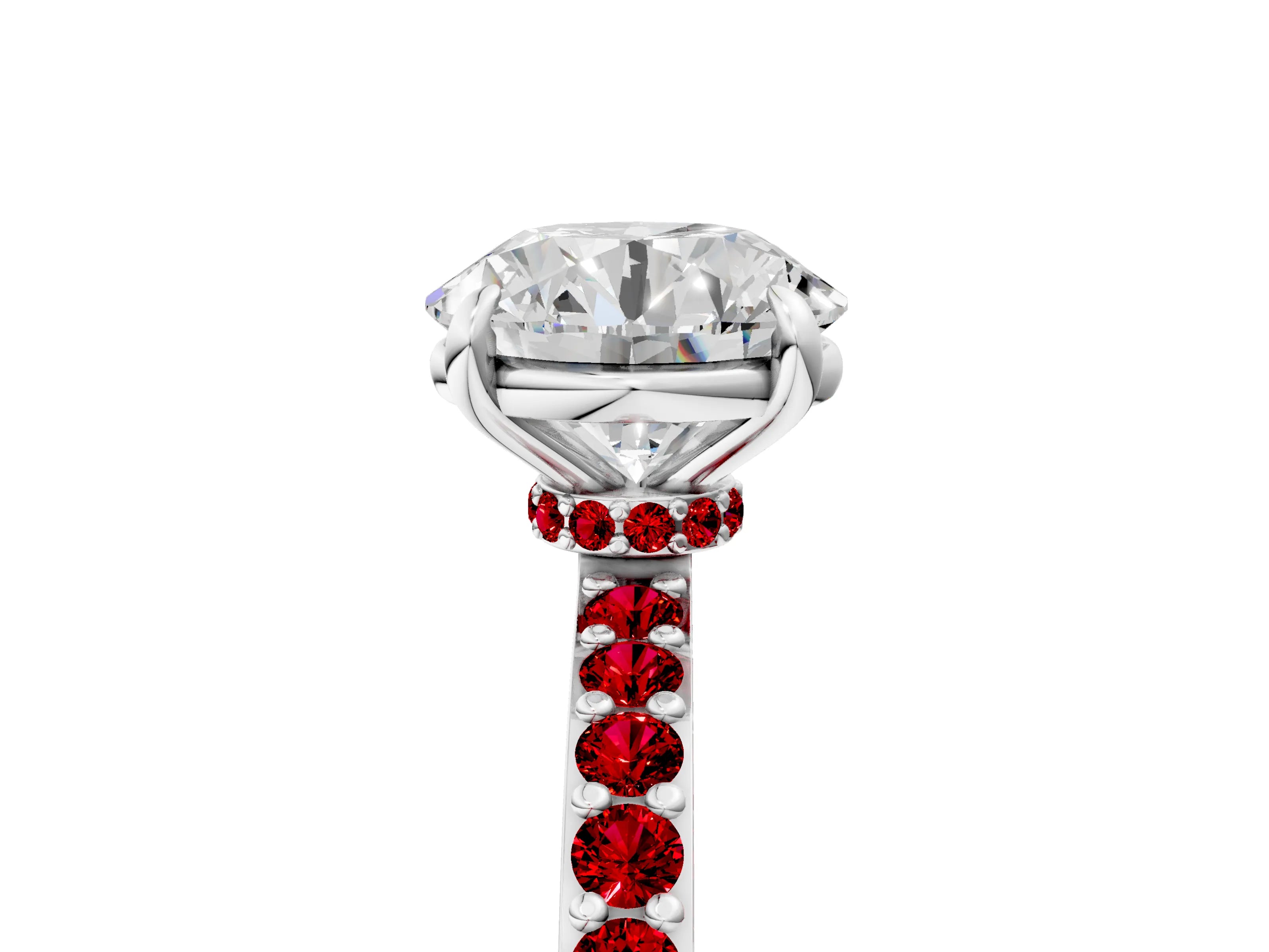 White gold Round Cut Diamond Pavé Engagement Ring with Round with Ruby side stone Accents and Prong Setting_5