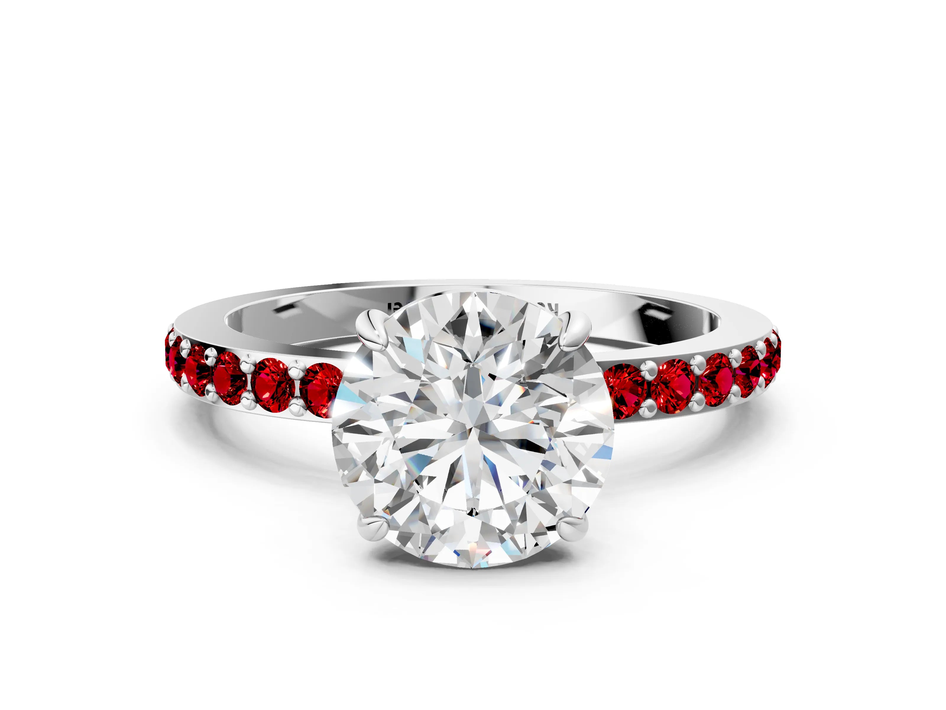 White gold Round Cut Diamond Pavé Engagement Ring with Round with Ruby side stone Accents and Prong Setting