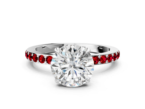 White gold Round Cut Diamond Pavé Engagement Ring with Round with Ruby side stone Accents and Prong Setting
