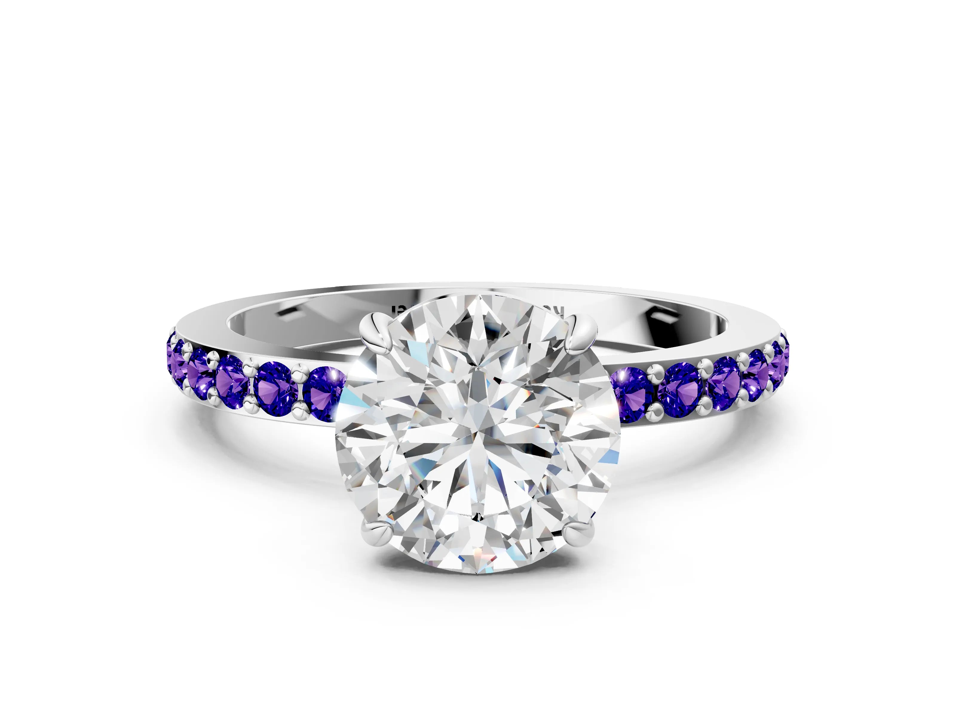 White gold Round Cut Diamond Pavé Engagement Ring with Round with Tanzanite side stone Accents and Prong Setting_108