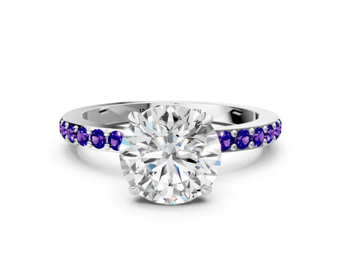 White gold Round Cut Diamond Pavé Engagement Ring with Round with Tanzanite side stone Accents and Prong Setting_108