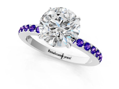 White gold Round Cut Diamond Pavé Engagement Ring with Round with Tanzanite side stone Accents and Prong Setting_109