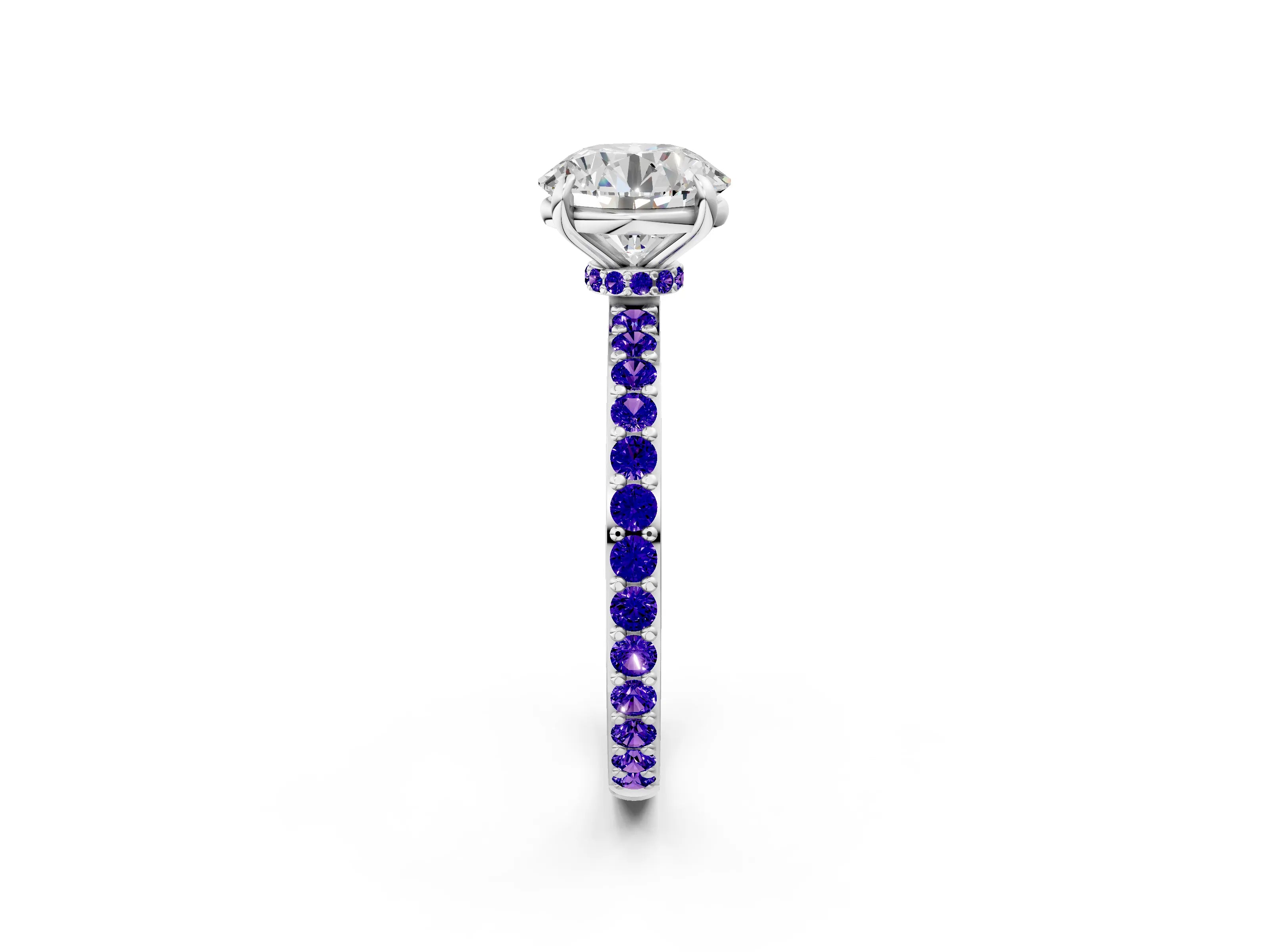 White gold Round Cut Diamond Pavé Engagement Ring with Round with Tanzanite side stone Accents and Prong Setting_110