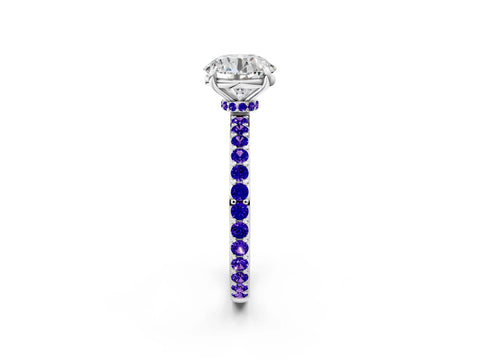 White gold Round Cut Diamond Pavé Engagement Ring with Round with Tanzanite side stone Accents and Prong Setting_110