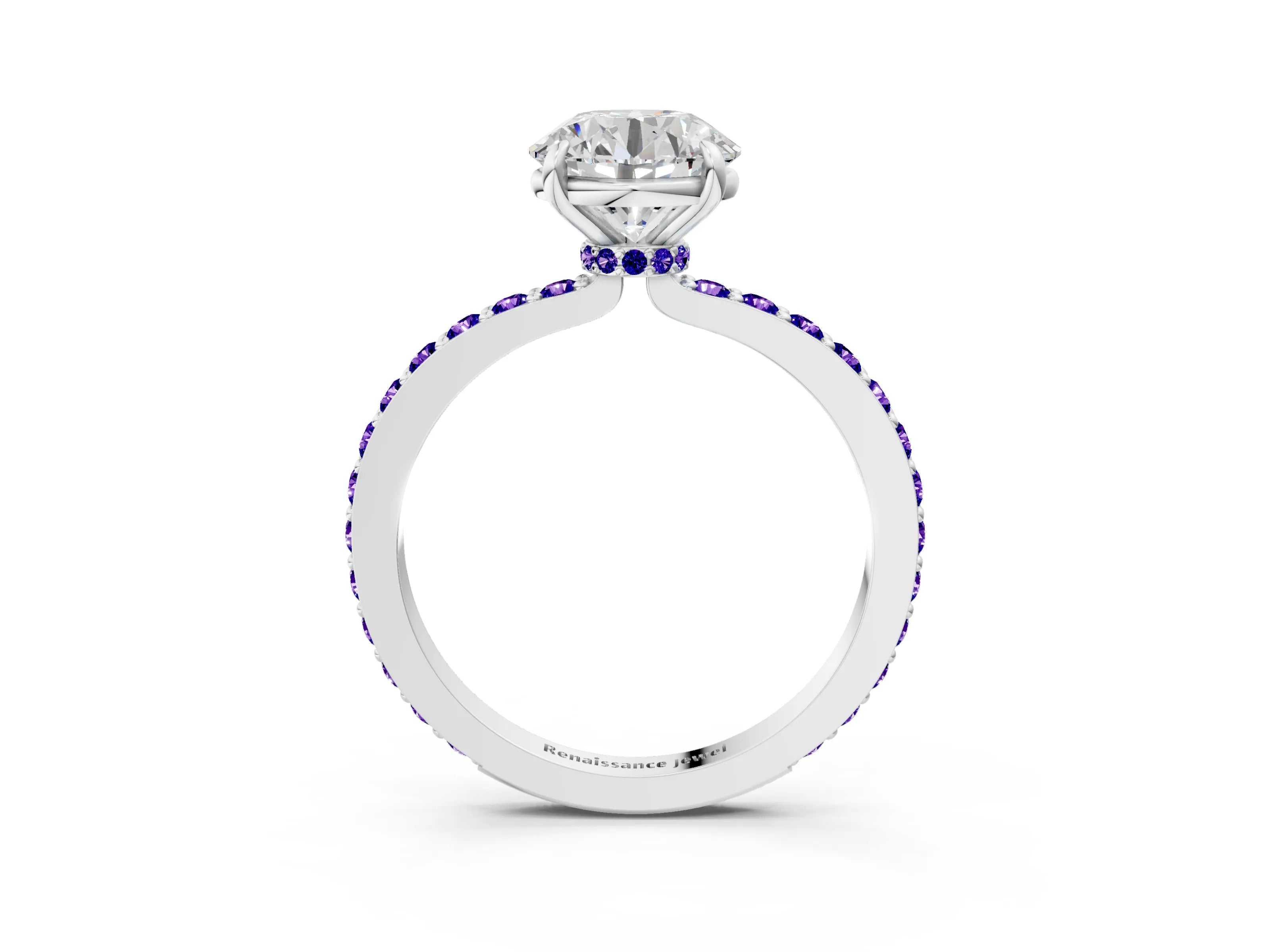 White gold Round Cut Diamond Pavé Engagement Ring with Round with Tanzanite side stone Accents and Prong Setting_111