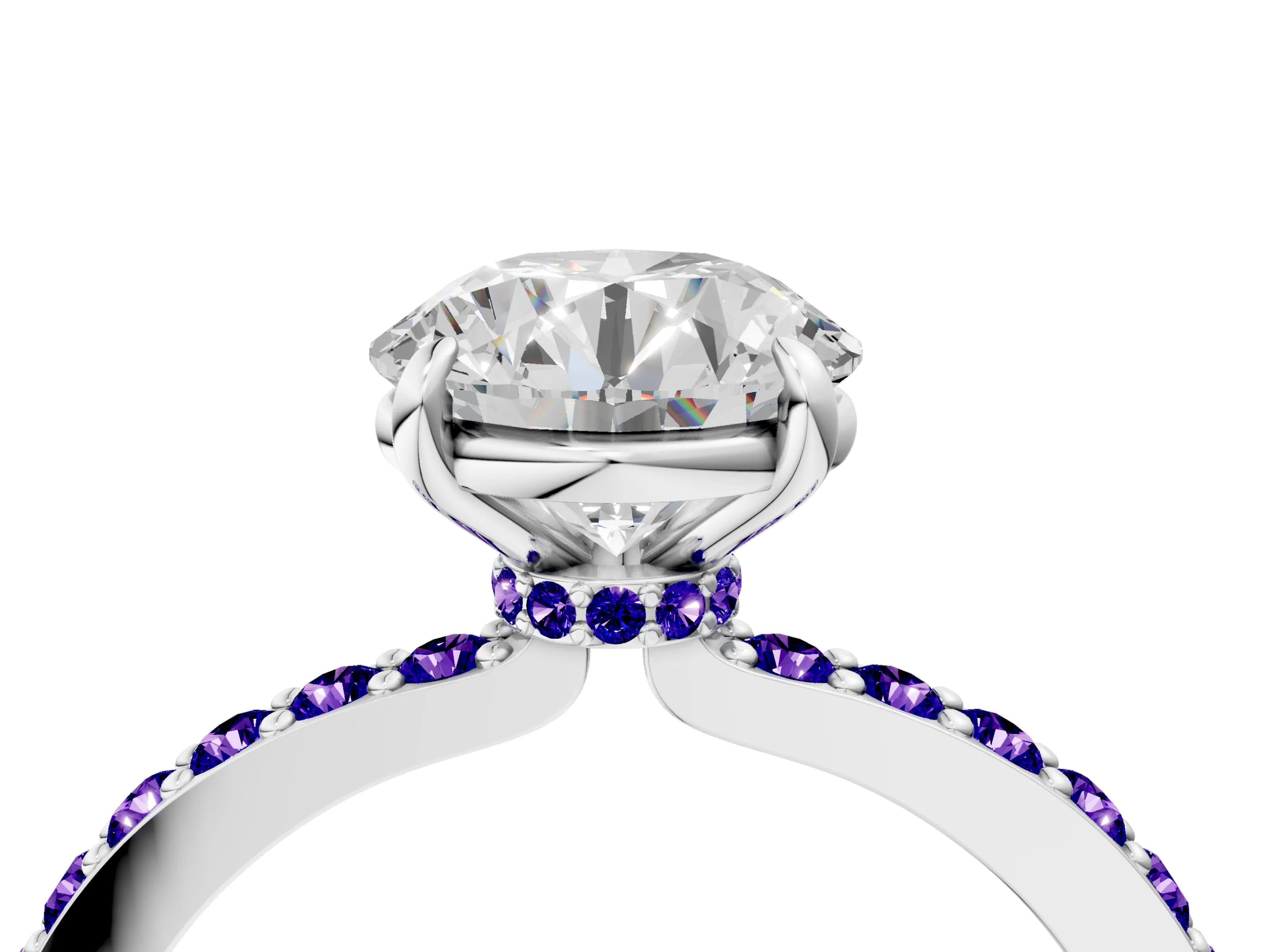 White gold Round Cut Diamond Pavé Engagement Ring with Round with Tanzanite side stone Accents and Prong Setting_112