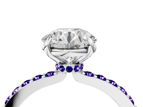 White gold Round Cut Diamond Pavé Engagement Ring with Round with Tanzanite side stone Accents and Prong Setting_112