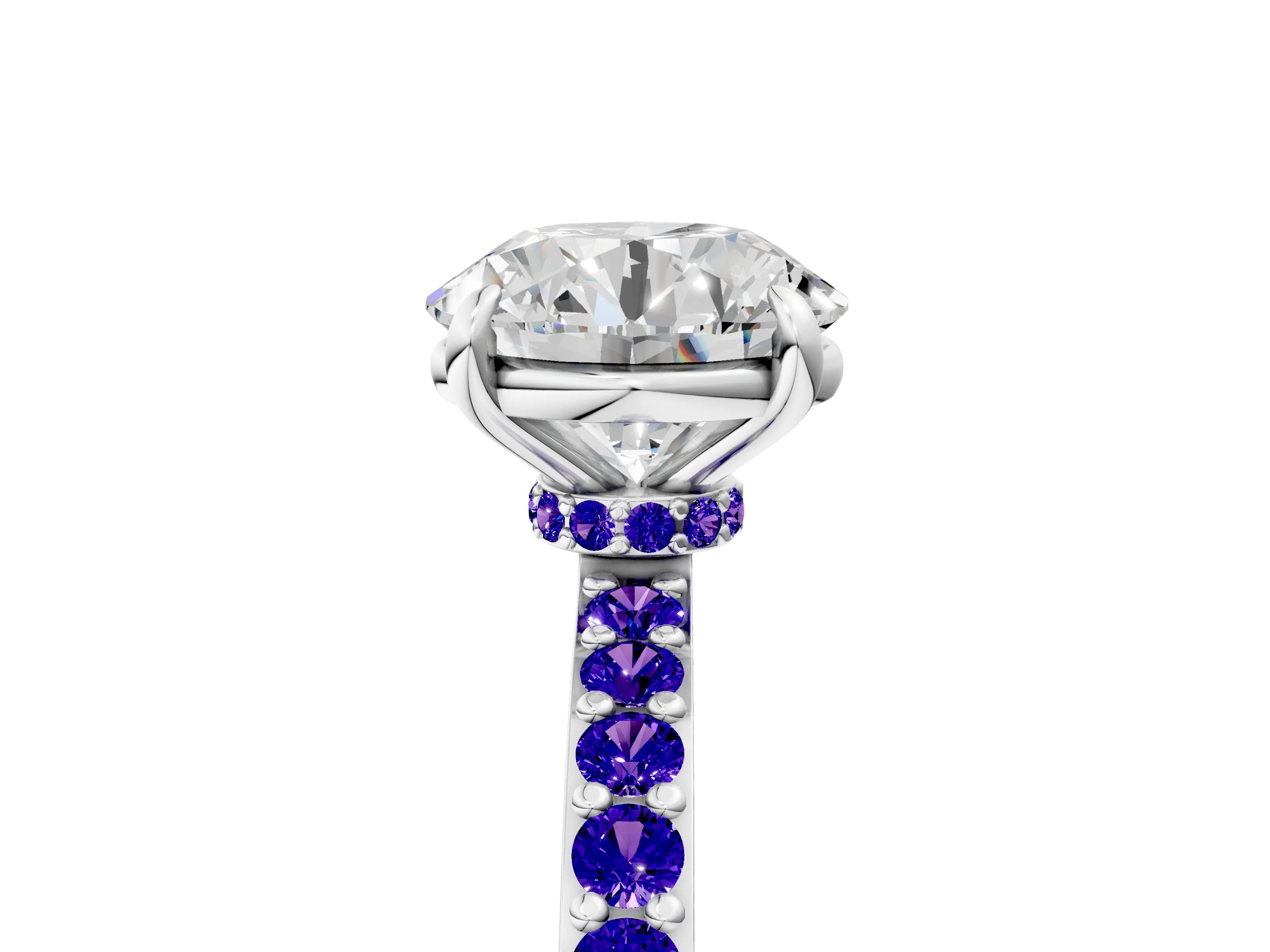 White gold Round Cut Diamond Pavé Engagement Ring with Round with Tanzanite side stone Accents and Prong Setting_113