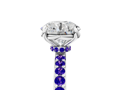 White gold Round Cut Diamond Pavé Engagement Ring with Round with Tanzanite side stone Accents and Prong Setting_113