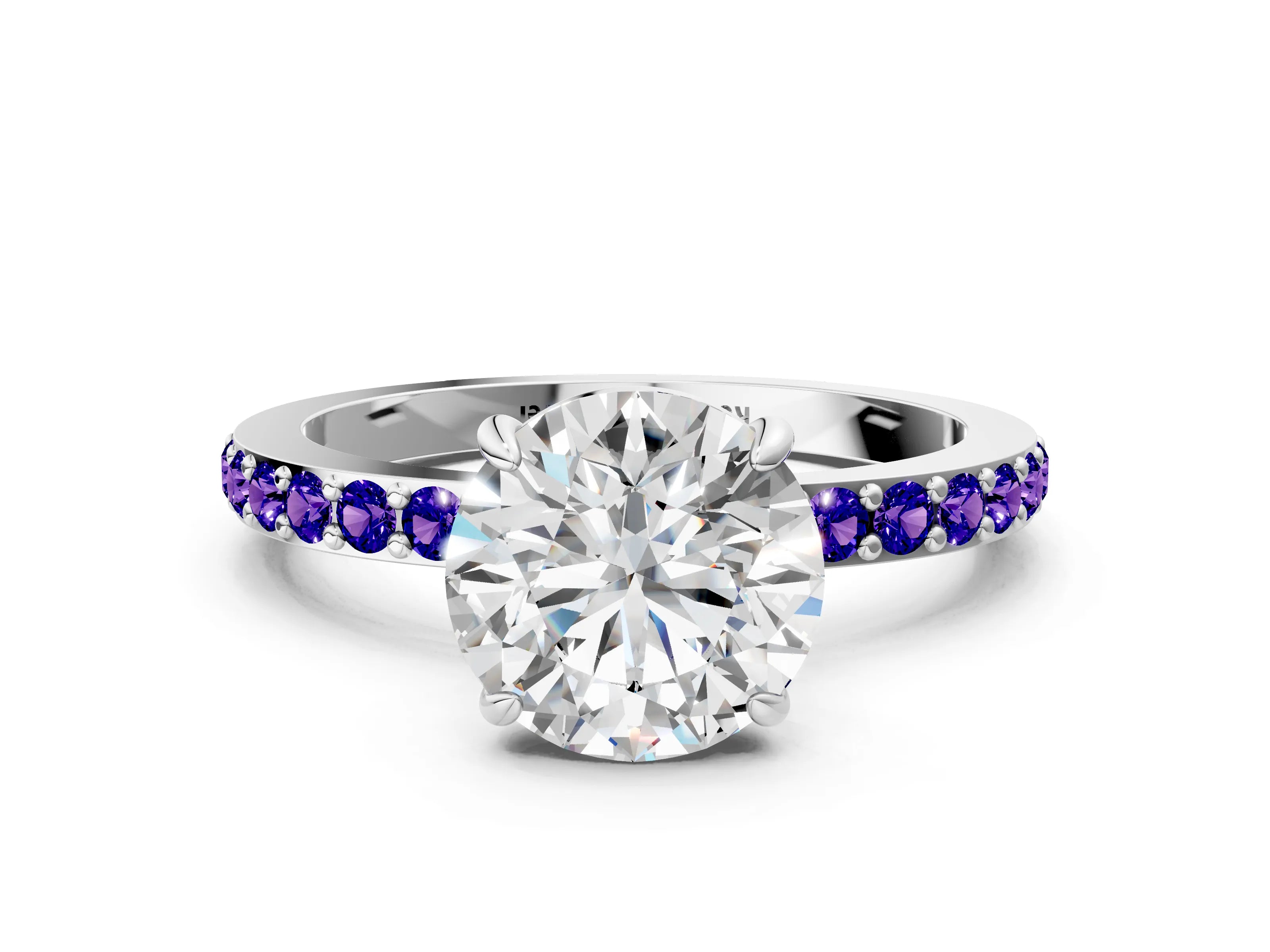 White gold Round Cut Diamond Pavé Engagement Ring with Round with Tanzanite side stone Accents and Prong Setting_66