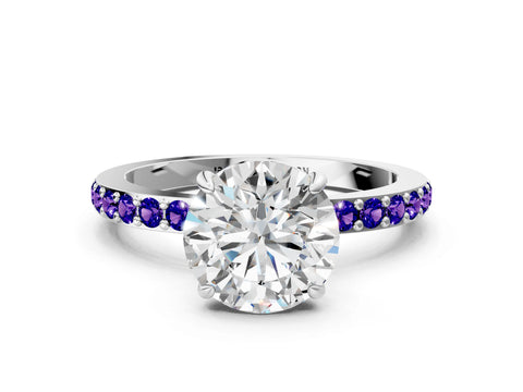 White gold Round Cut Diamond Pavé Engagement Ring with Round with Tanzanite side stone Accents and Prong Setting_66