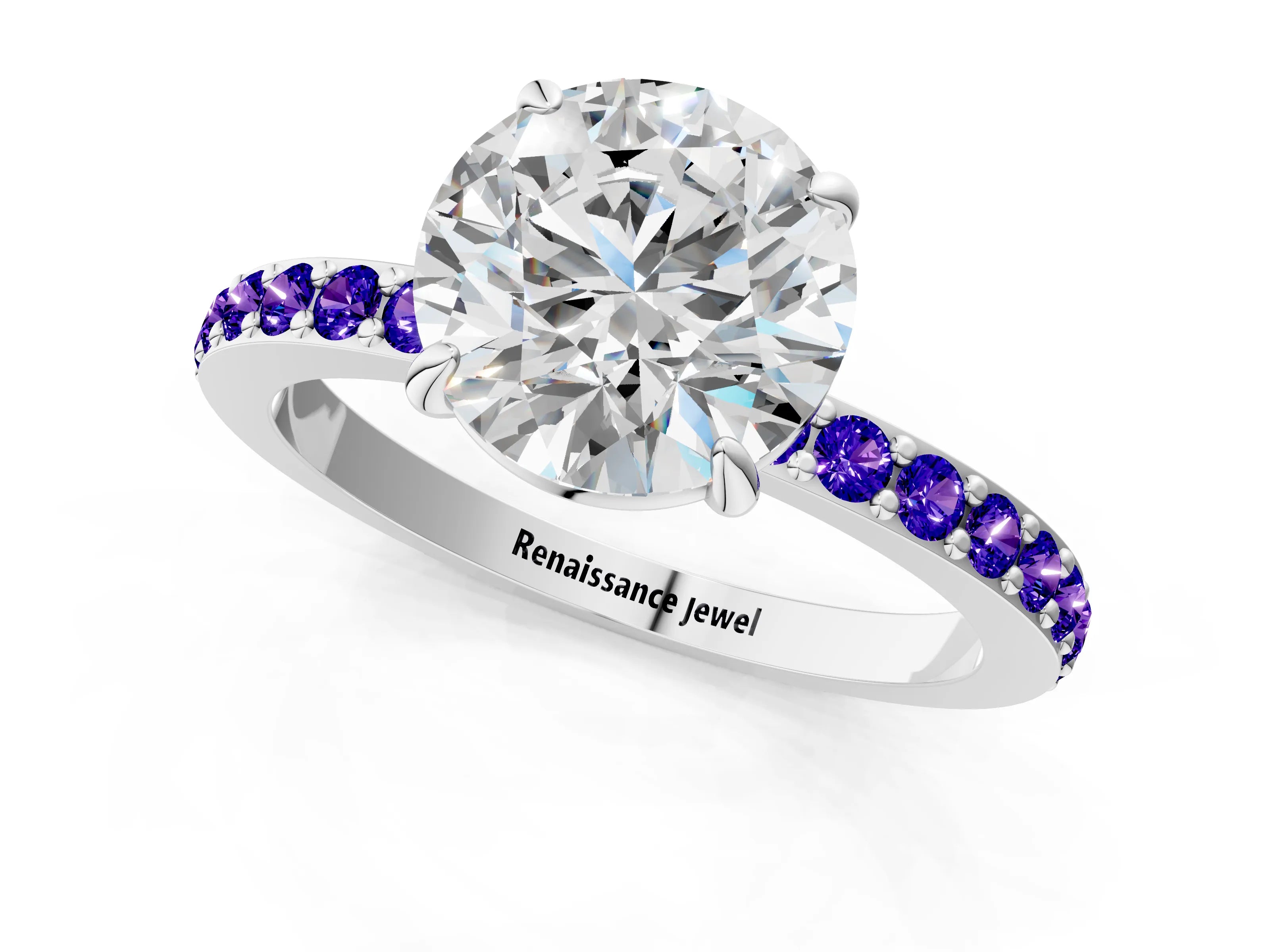 White gold Round Cut Diamond Pavé Engagement Ring with Round with Tanzanite side stone Accents and Prong Setting_67