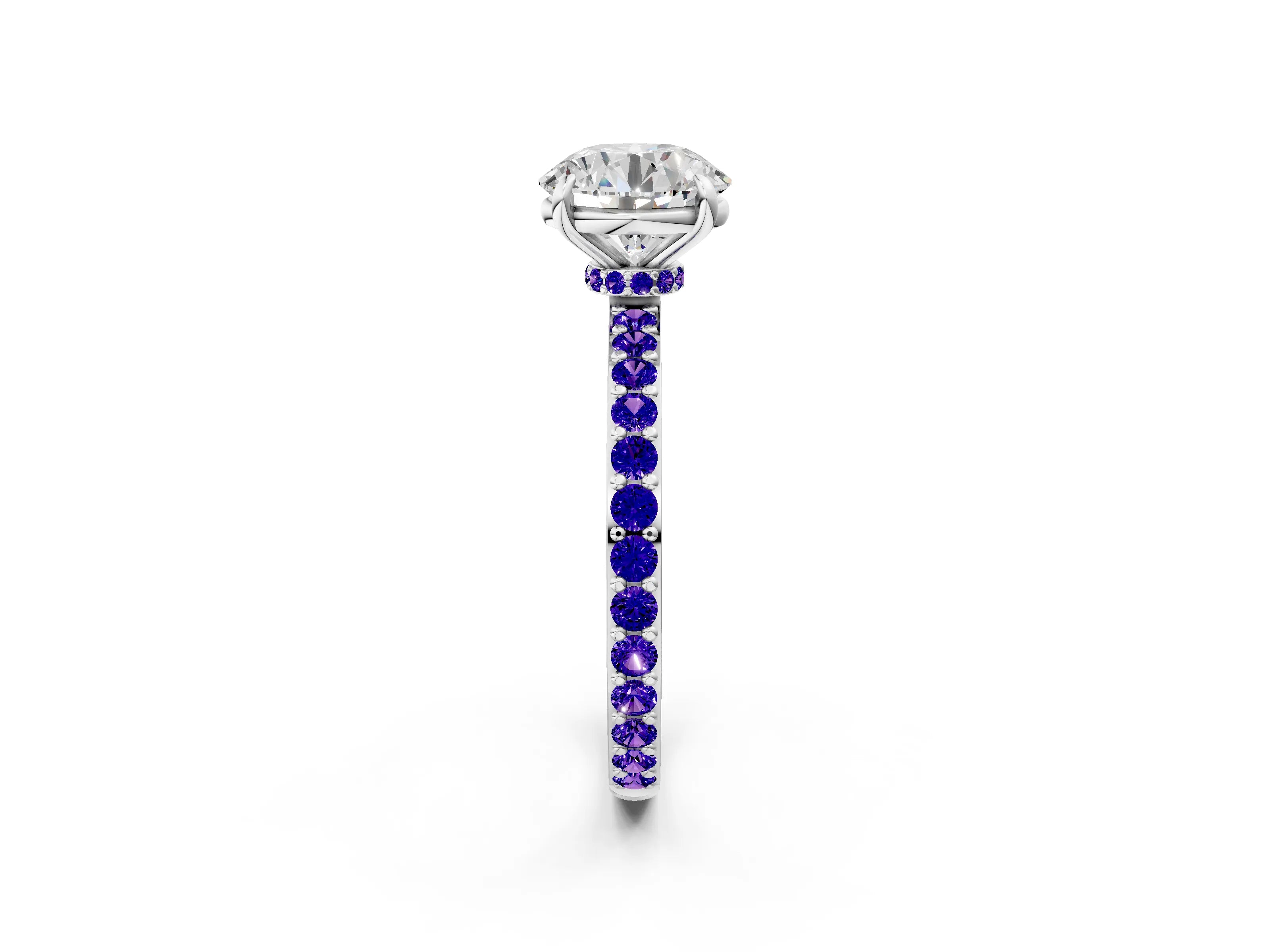 White gold Round Cut Diamond Pavé Engagement Ring with Round with Tanzanite side stone Accents and Prong Setting_68