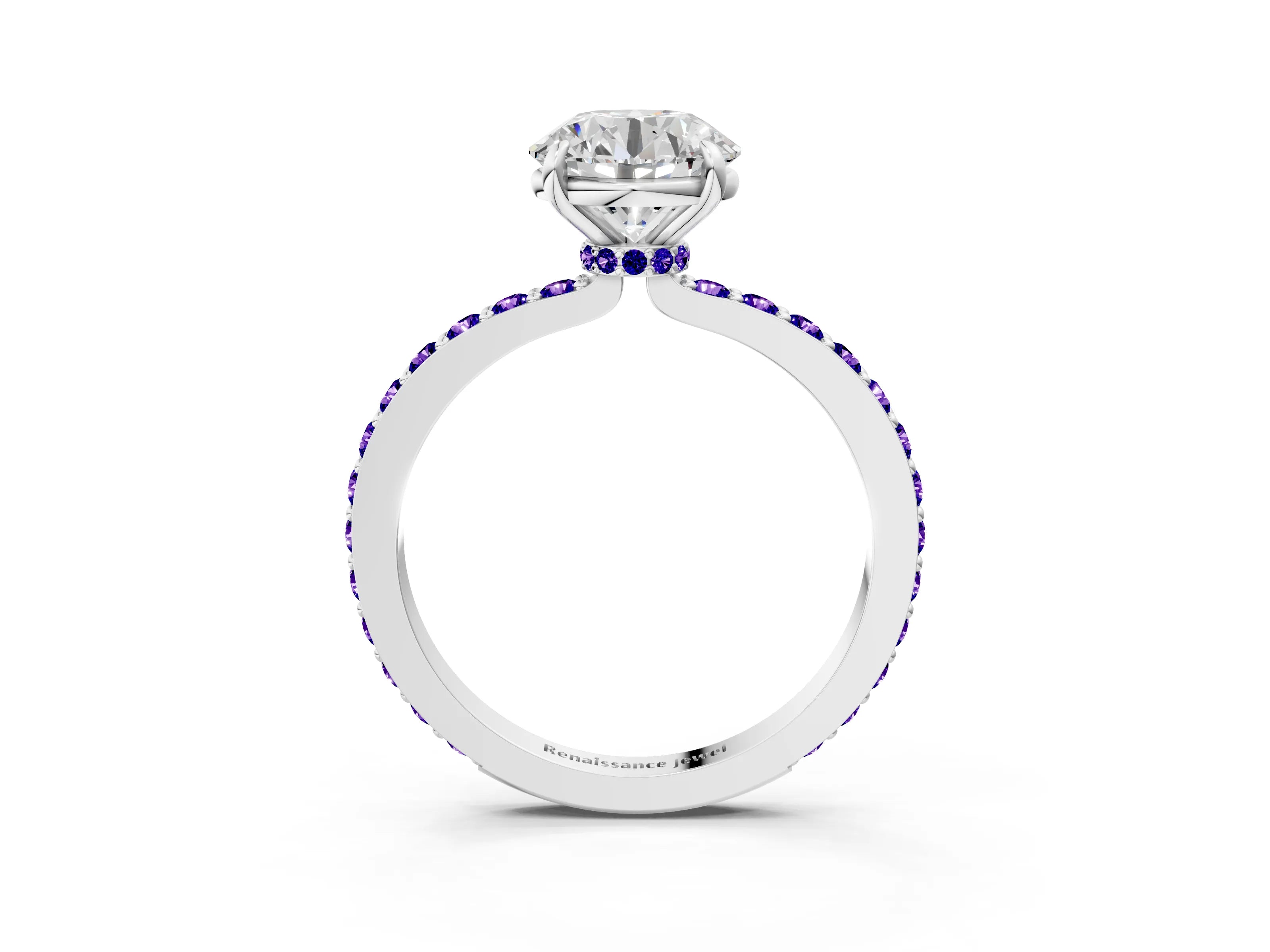 White gold Round Cut Diamond Pavé Engagement Ring with Round with Tanzanite side stone Accents and Prong Setting_69