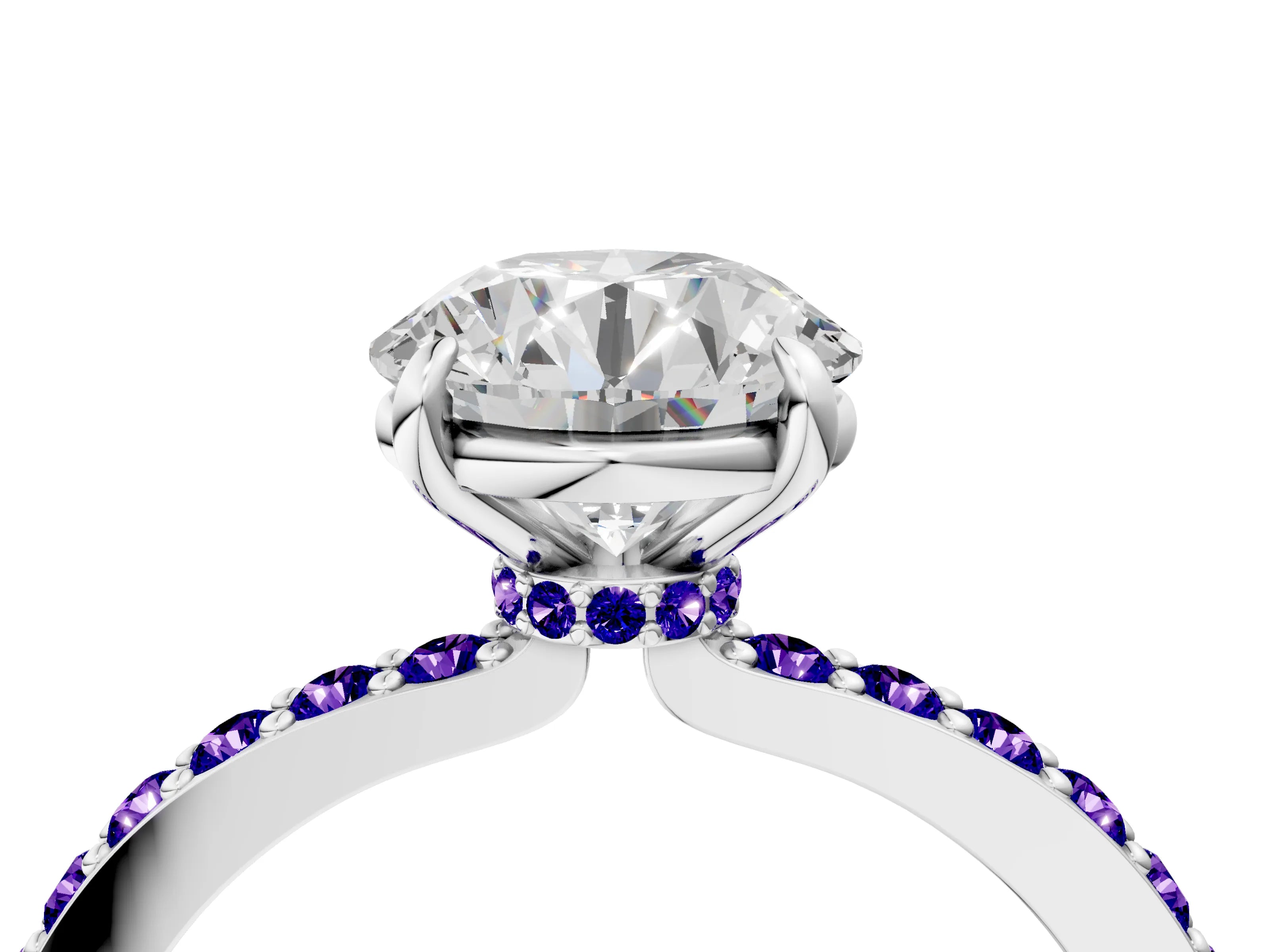 White gold Round Cut Diamond Pavé Engagement Ring with Round with Tanzanite side stone Accents and Prong Setting_70