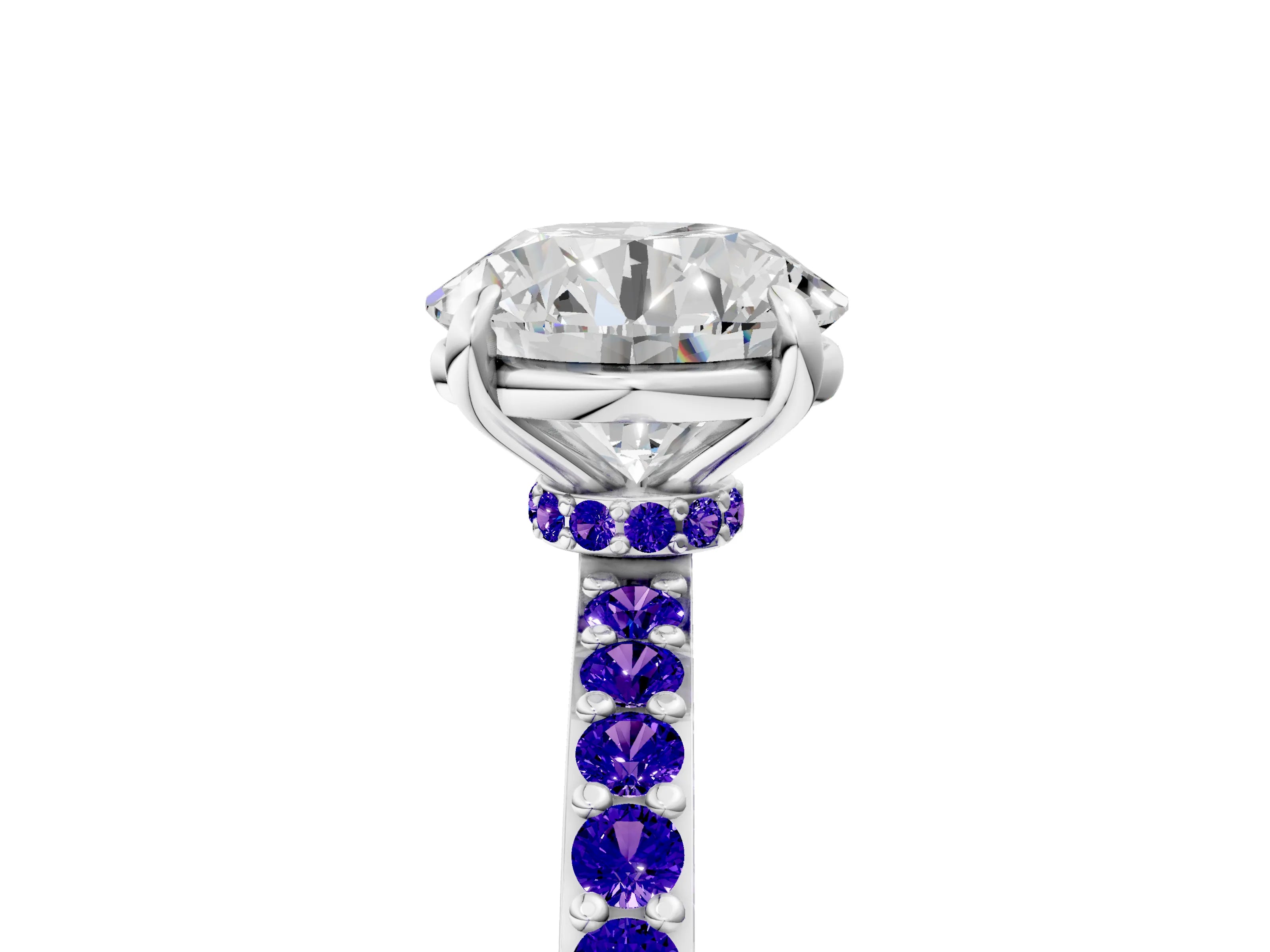 White gold Round Cut Diamond Pavé Engagement Ring with Round with Tanzanite side stone Accents and Prong Setting_71