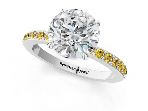 White gold Round Cut Diamond Pavé Engagement Ring with Round with Yellow Sapphire side stone Accents and Prong Setting_103