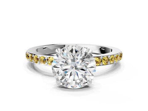 White gold Round Cut Diamond Pavé Engagement Ring with Round with Yellow Sapphire side stone Accents and Prong Setting_132