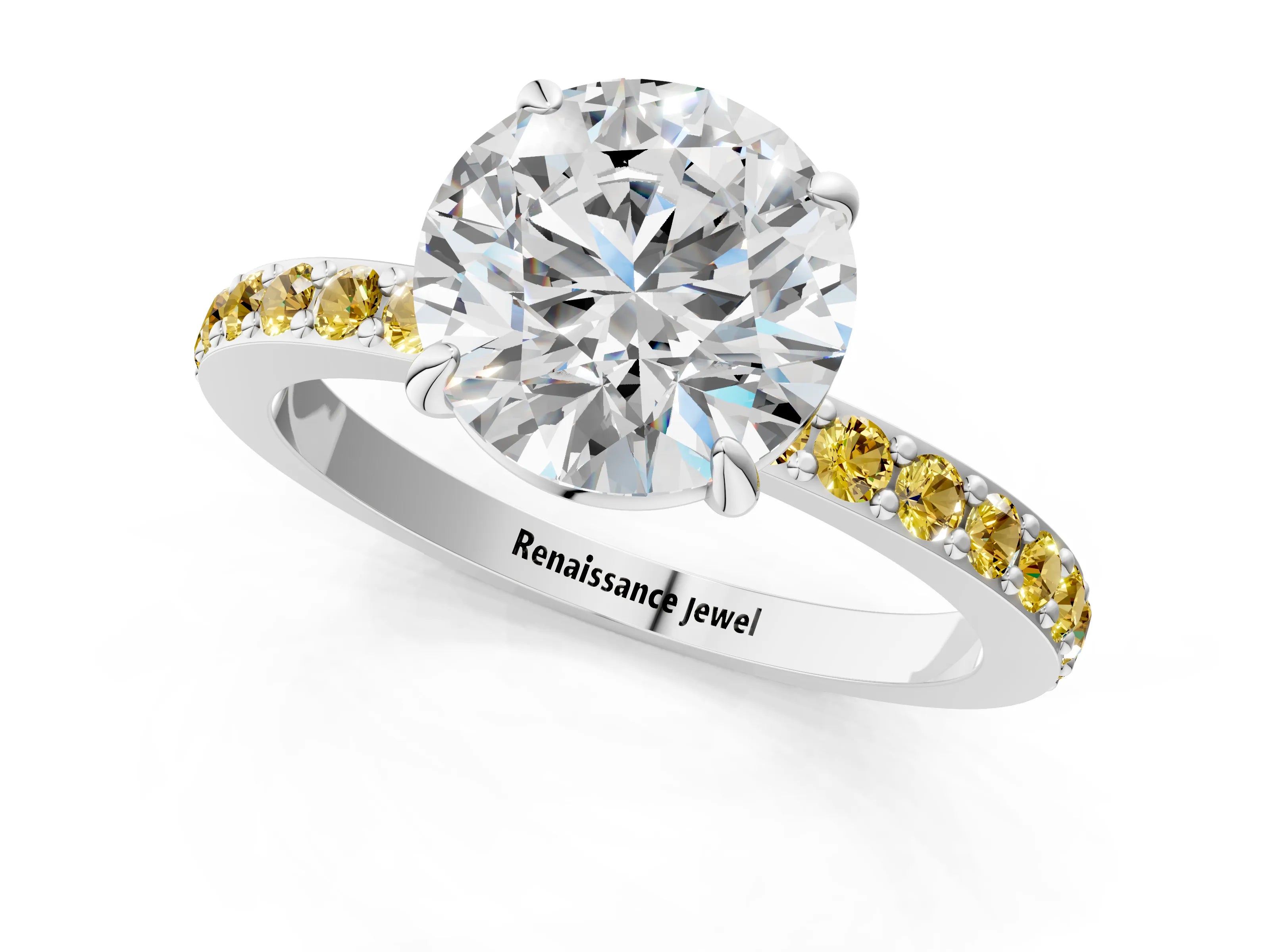 White gold Round Cut Diamond Pavé Engagement Ring with Round with Yellow Sapphire side stone Accents and Prong Setting_133