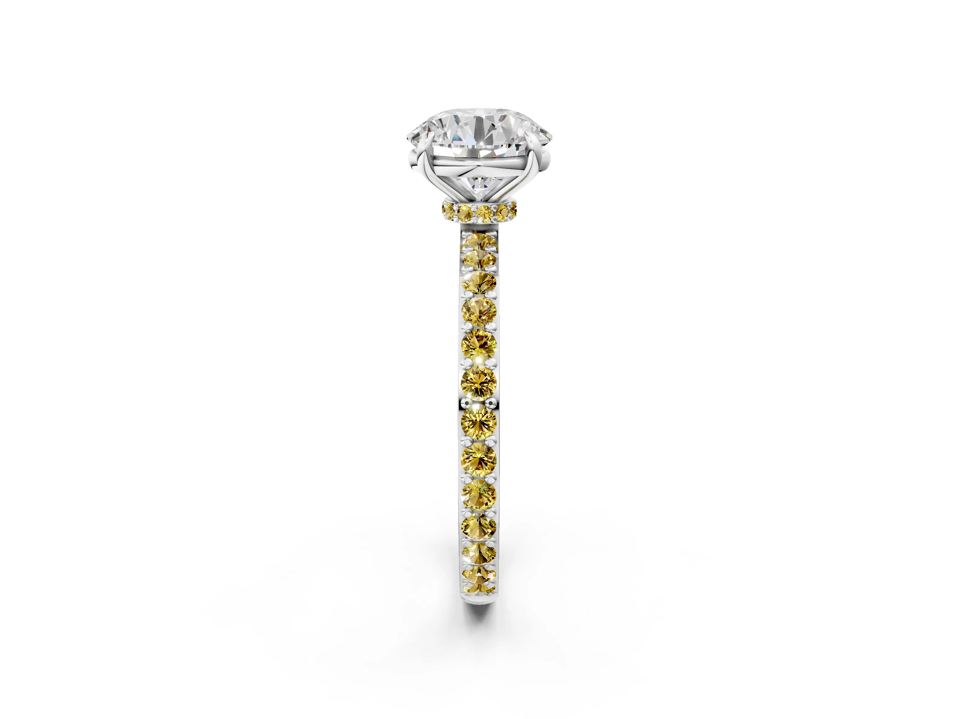 White gold Round Cut Diamond Pavé Engagement Ring with Round with Yellow Sapphire side stone Accents and Prong Setting_2