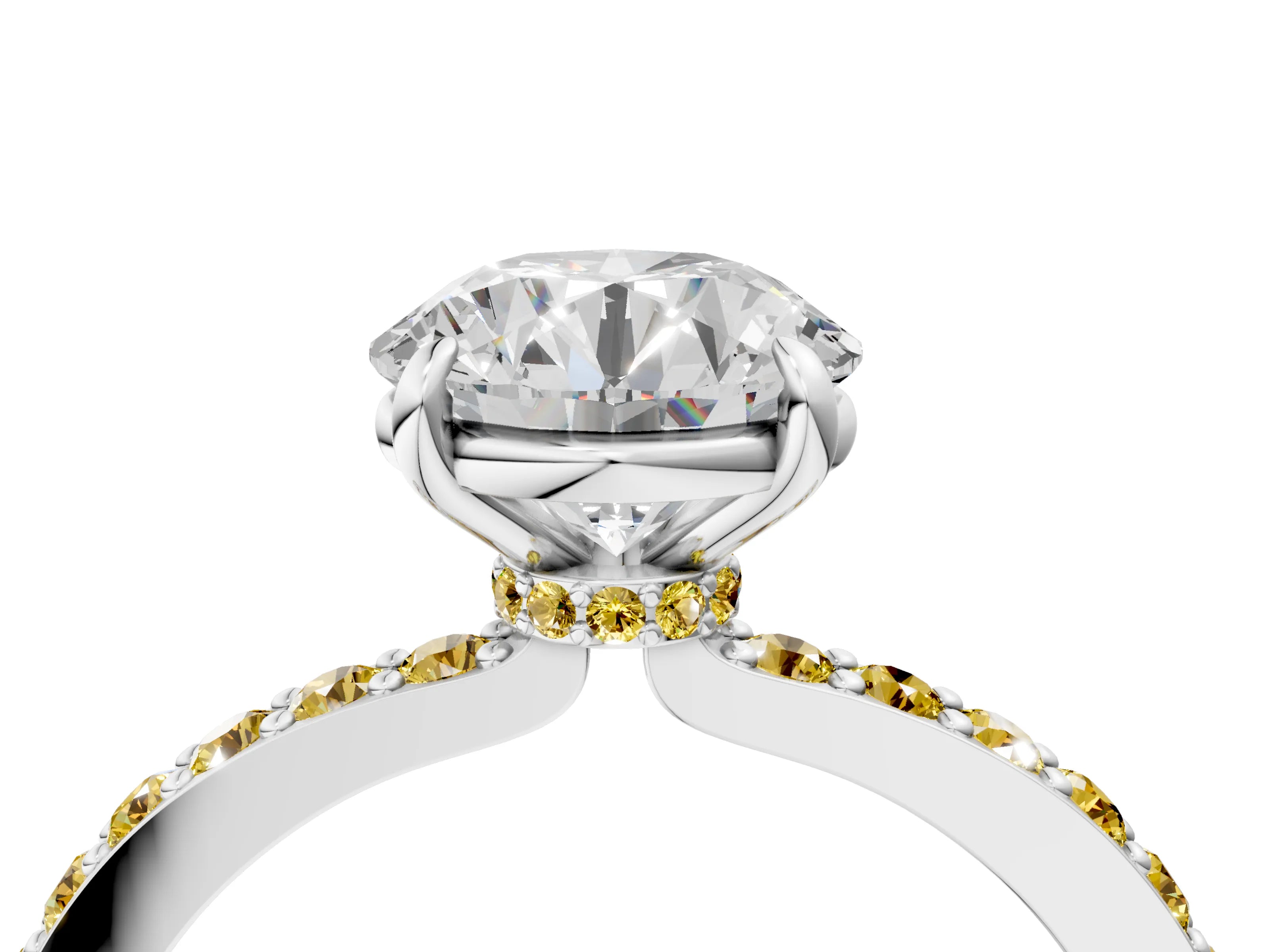 White gold Round Cut Diamond Pavé Engagement Ring with Round with Yellow Sapphire side stone Accents and Prong Setting_4