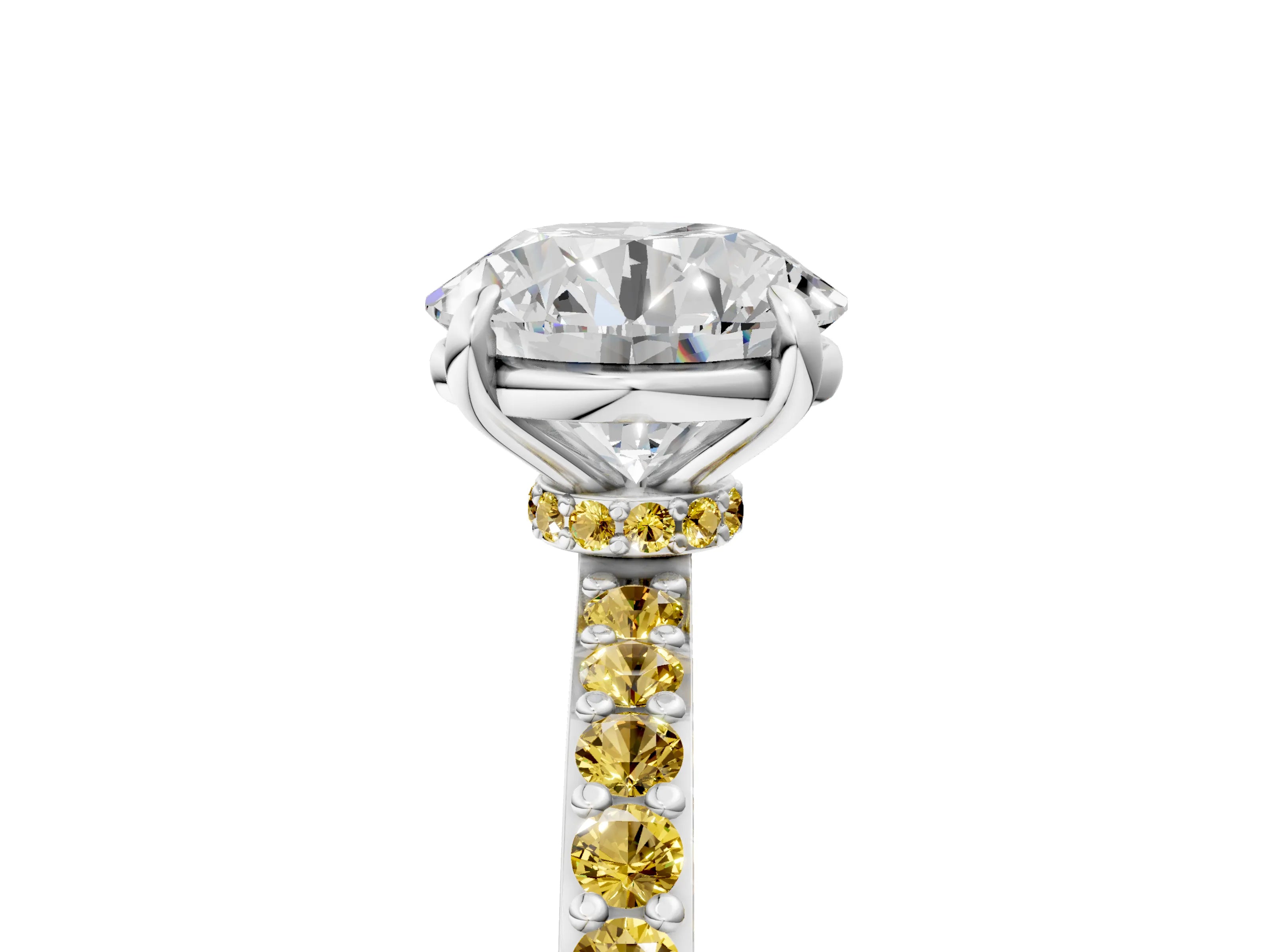 White gold Round Cut Diamond Pavé Engagement Ring with Round with Yellow Sapphire side stone Accents and Prong Setting_5