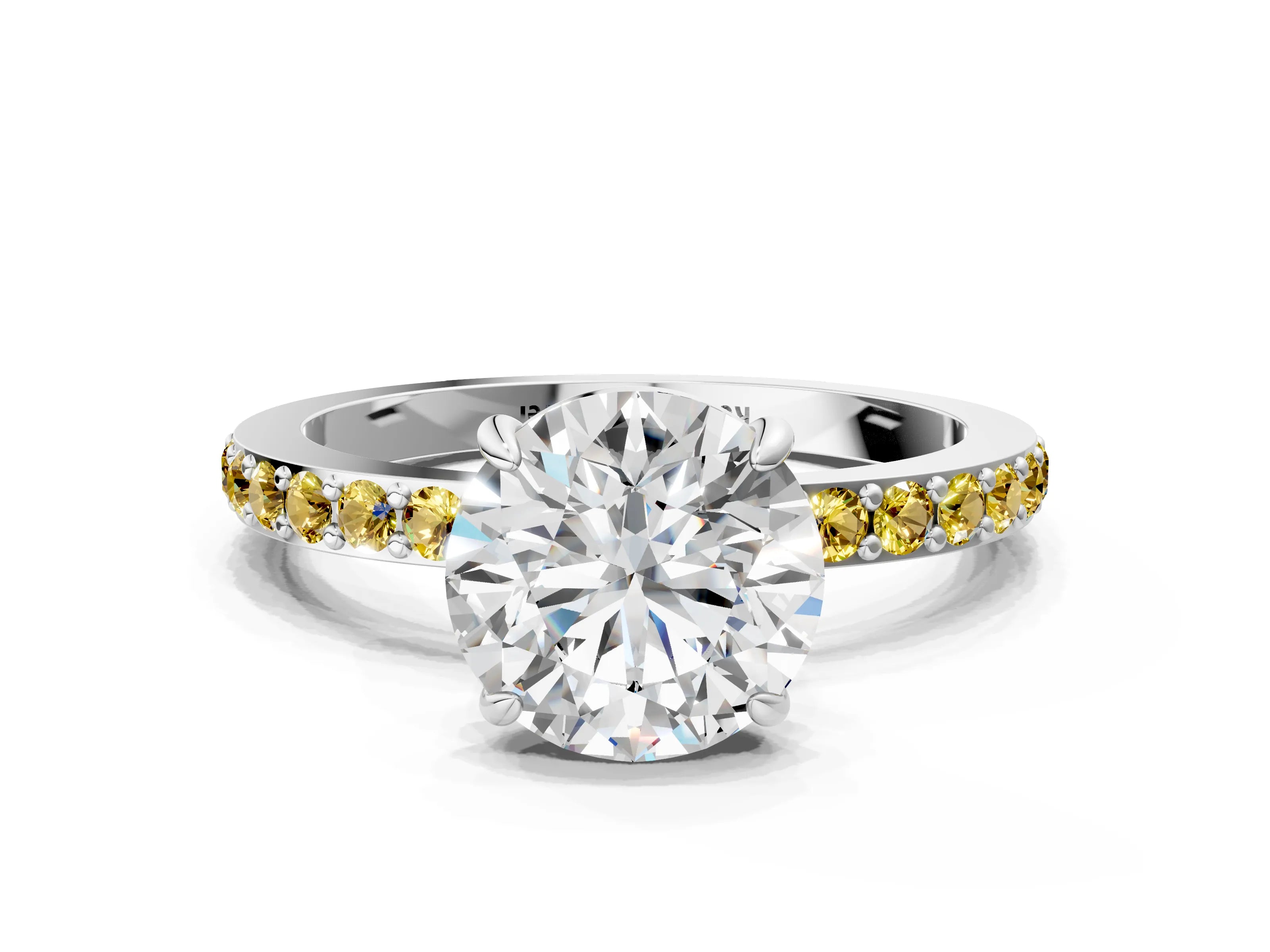 White gold Round Cut Diamond Pavé Engagement Ring with Round with Yellow Sapphire side stone Accents and Prong Setting_72
