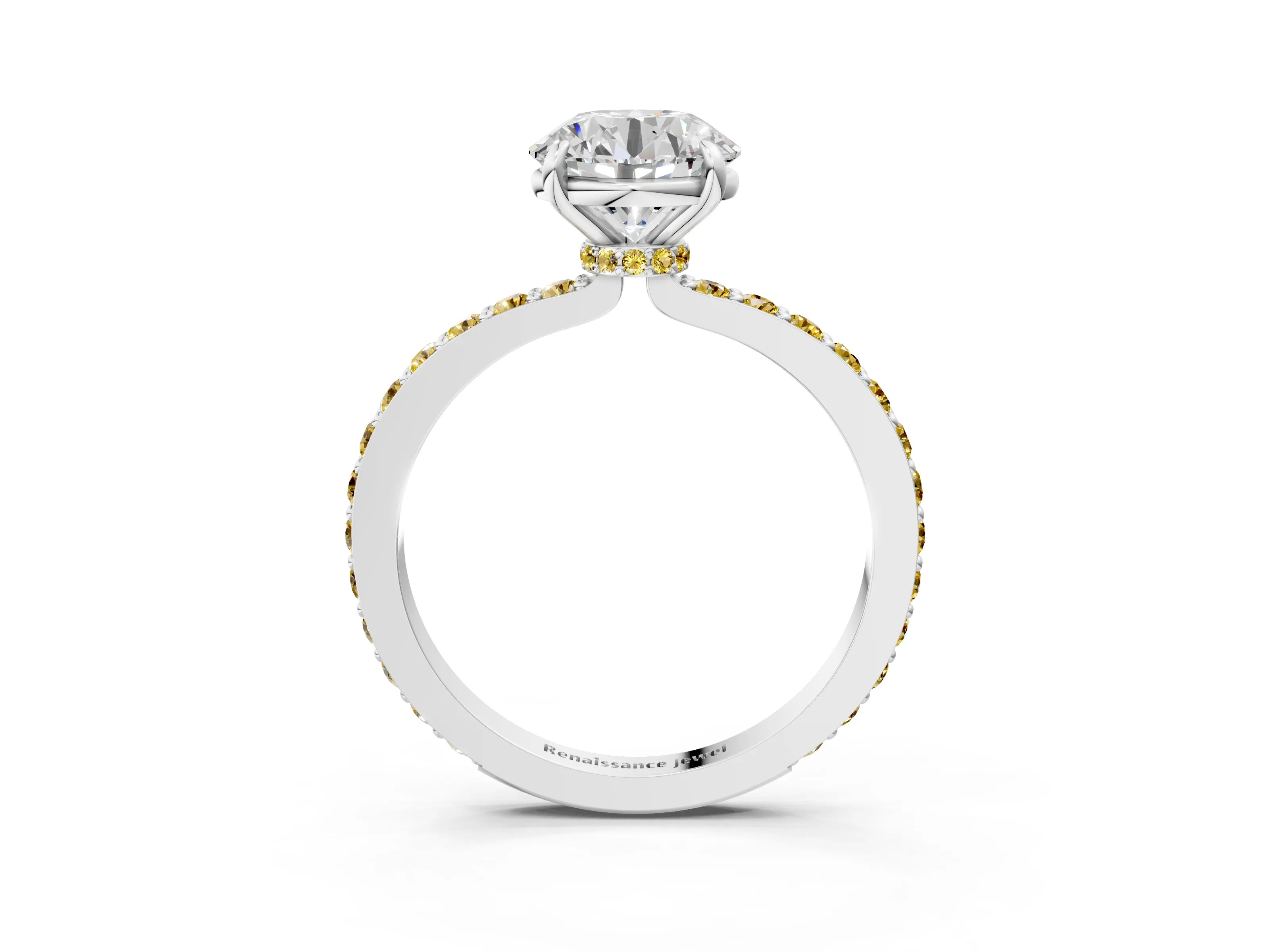 White gold Round Cut Diamond Pavé Engagement Ring with Round with Yellow Sapphire side stone Accents and Prong Setting_75